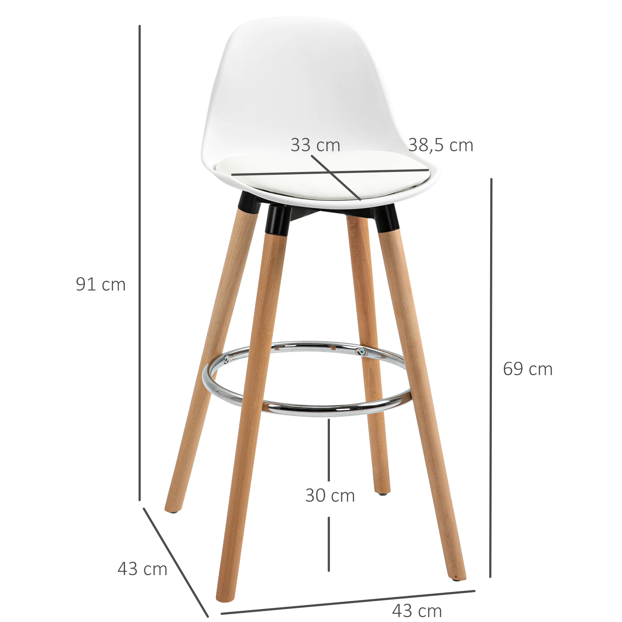 Lot de 2 tabourets de bar style scandinave hauteur 70 cm avec pieds en bois et repose-pieds en acier - blanc - Image 4