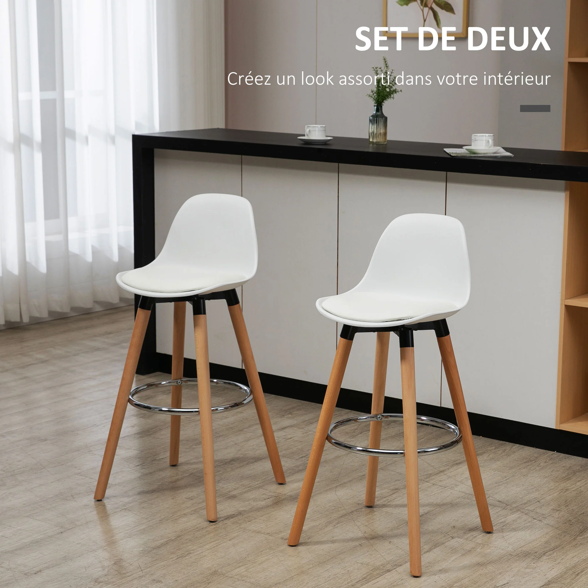 Lot de 2 tabourets de bar style scandinave hauteur 70 cm avec pieds en bois et repose-pieds en acier - blanc - Image 5