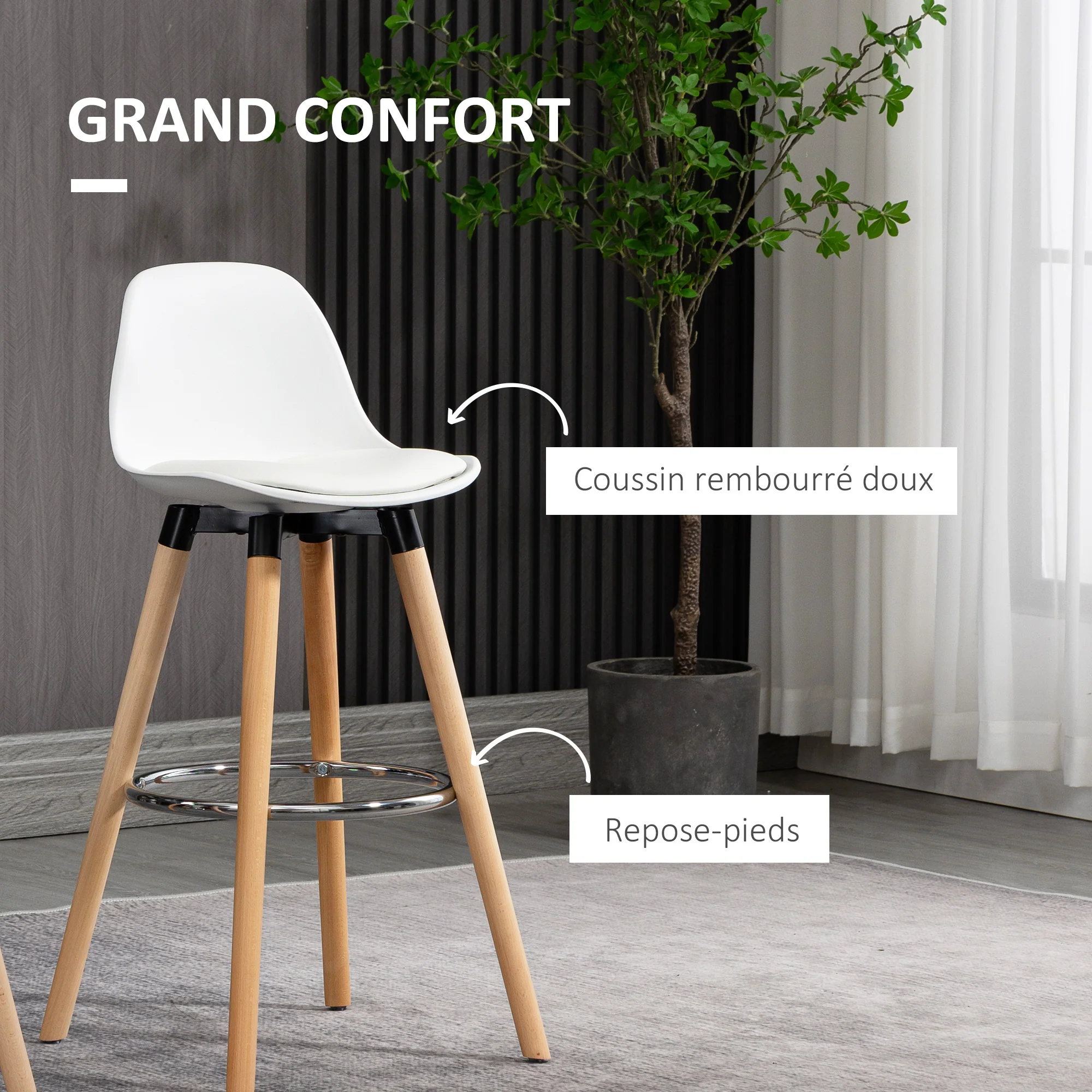 Lot de 2 tabourets de bar style scandinave hauteur 70 cm avec pieds en bois et repose-pieds en acier - blanc - Image 6