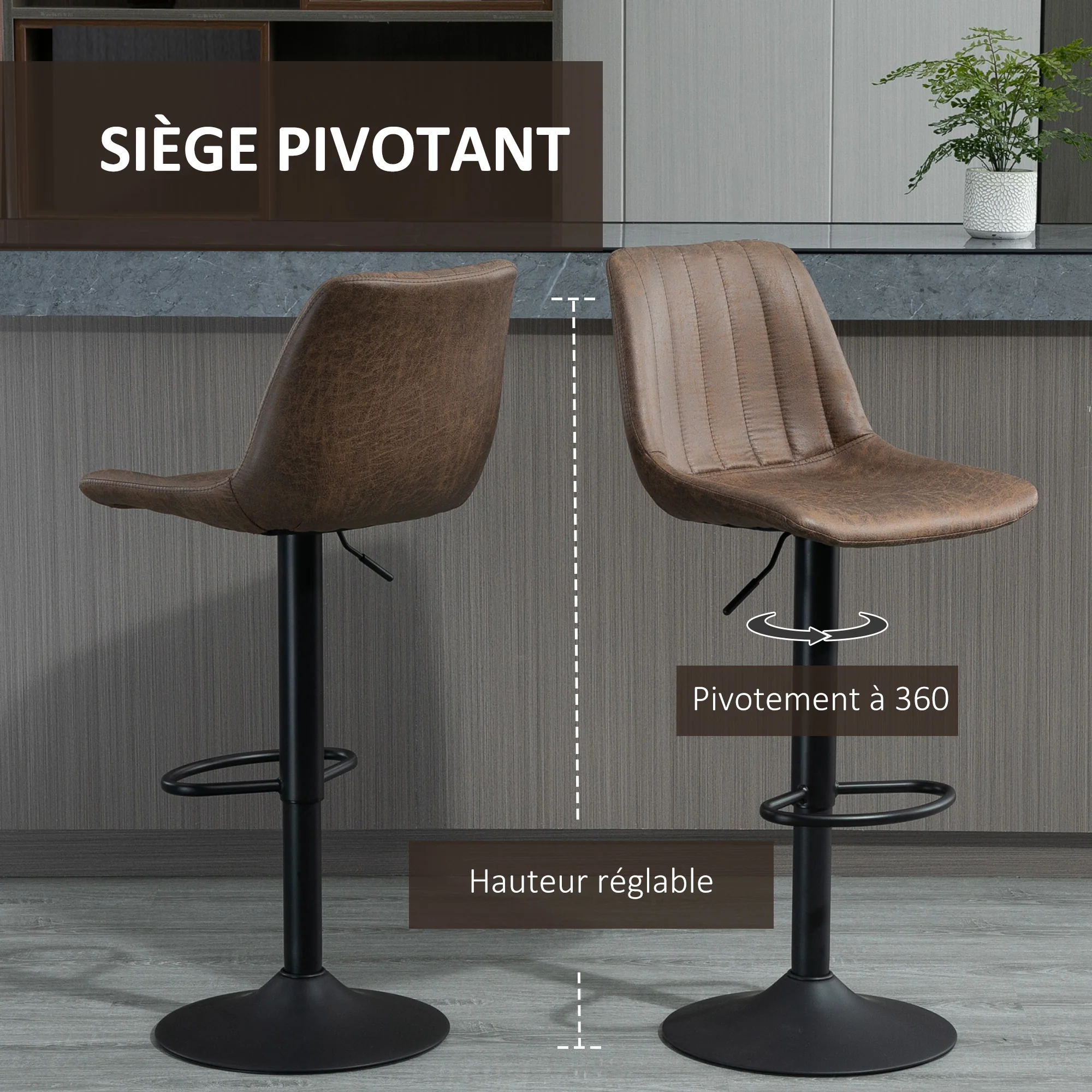 Lot de 2 tabourets de bar tabouret haut style vintage hauteur réglable pivotant avec repose-pied marron - Image 5