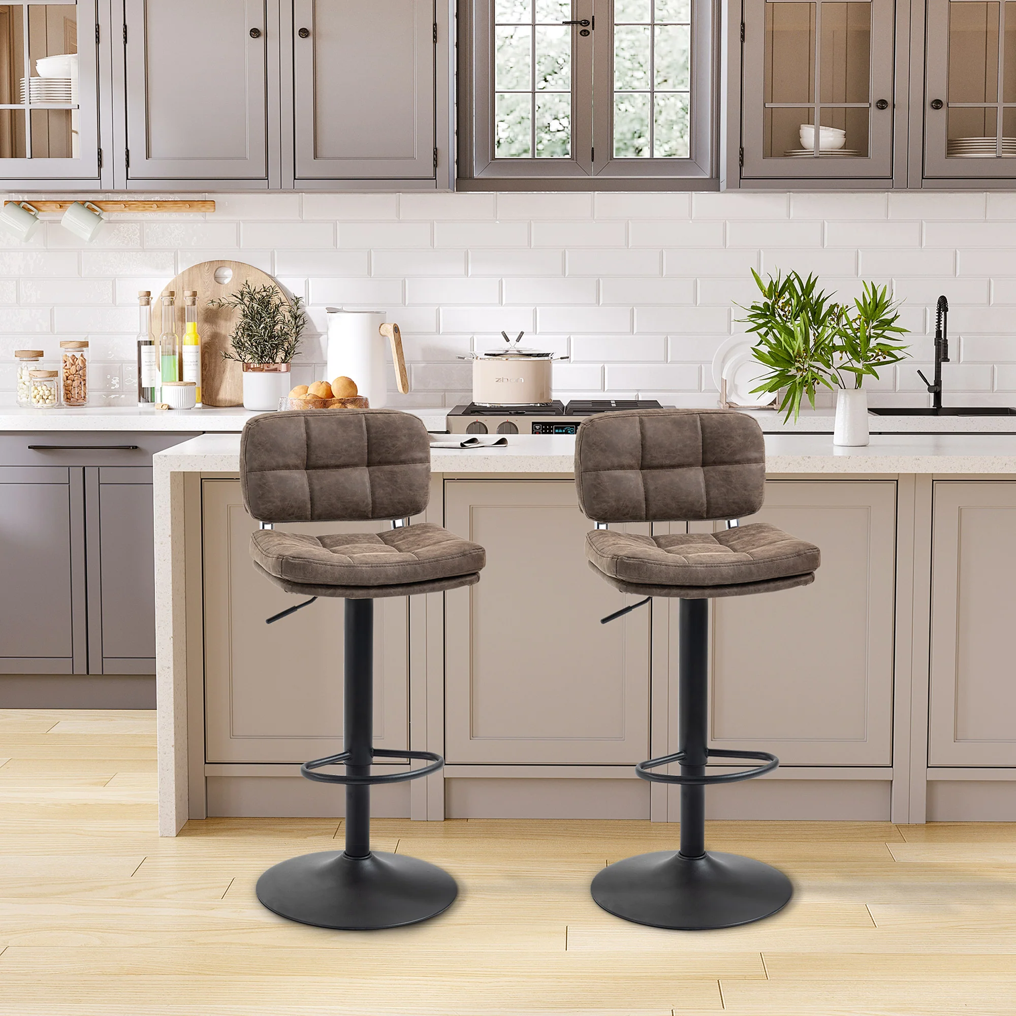Lot de 2 tabourets de bar Vintage capitonné - pivotant, réglable - repose-pied - revêtement synthétique marron effet vieilli - Image 3