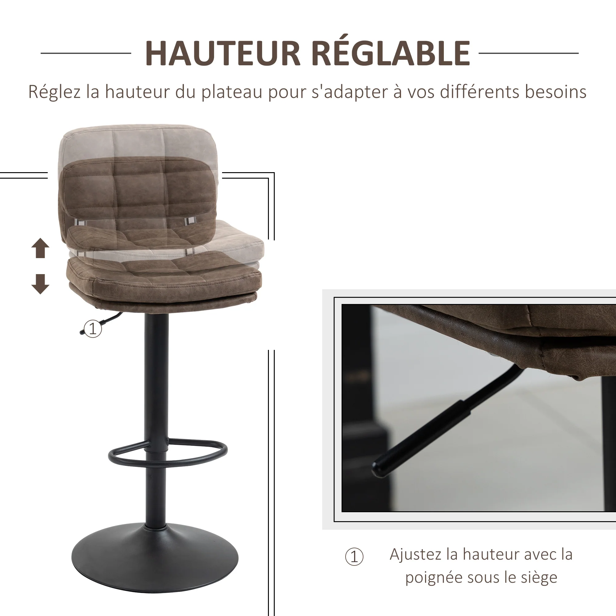 Lot de 2 tabourets de bar Vintage capitonné - pivotant, réglable - repose-pied - revêtement synthétique marron effet vieilli - Image 5