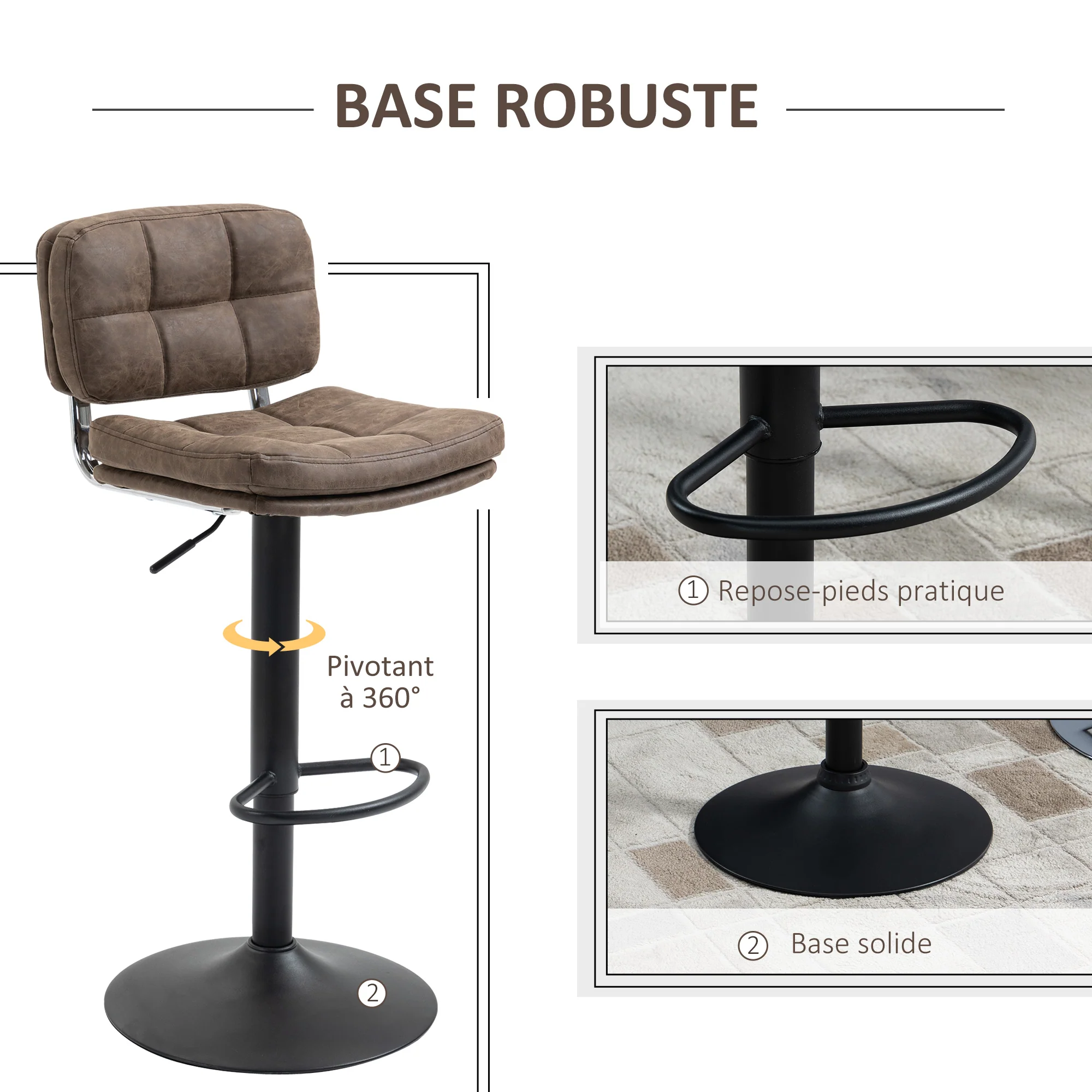 Lot de 2 tabourets de bar Vintage capitonné - pivotant, réglable - repose-pied - revêtement synthétique marron effet vieilli - Image 6