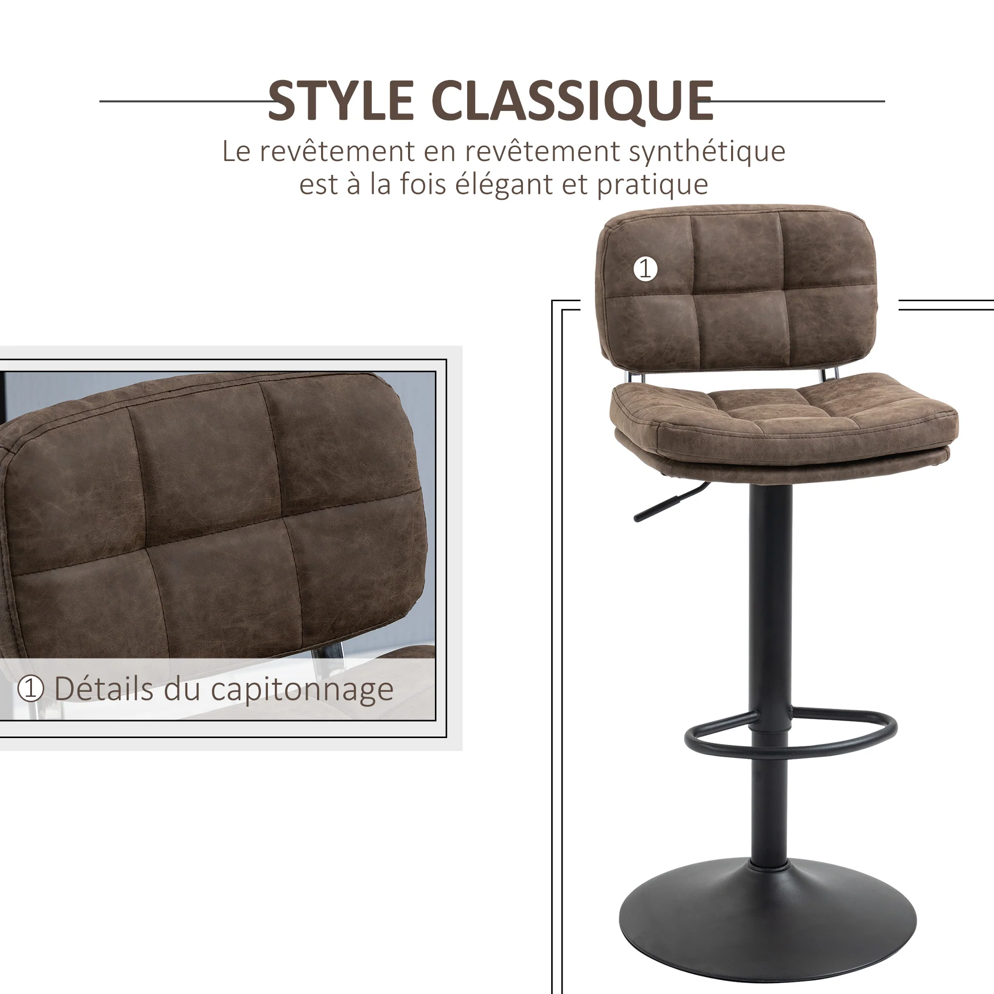 Lot de 2 tabourets de bar Vintage capitonné - pivotant, réglable - repose-pied - revêtement synthétique marron effet vieilli - Image 7