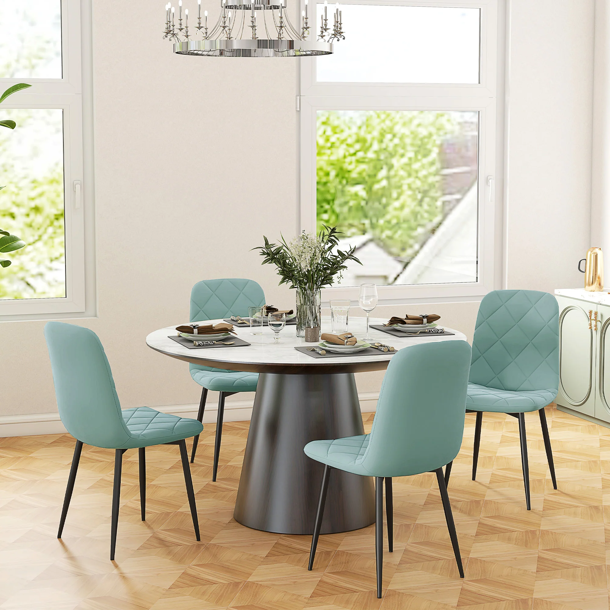 Lot de 4 chaises de salle à manger, chaises de cuisine rembourrées avec dossier haut, pieds en acier et tissu effet velours, pour salon, chambre, cuisine, vert - Image 3