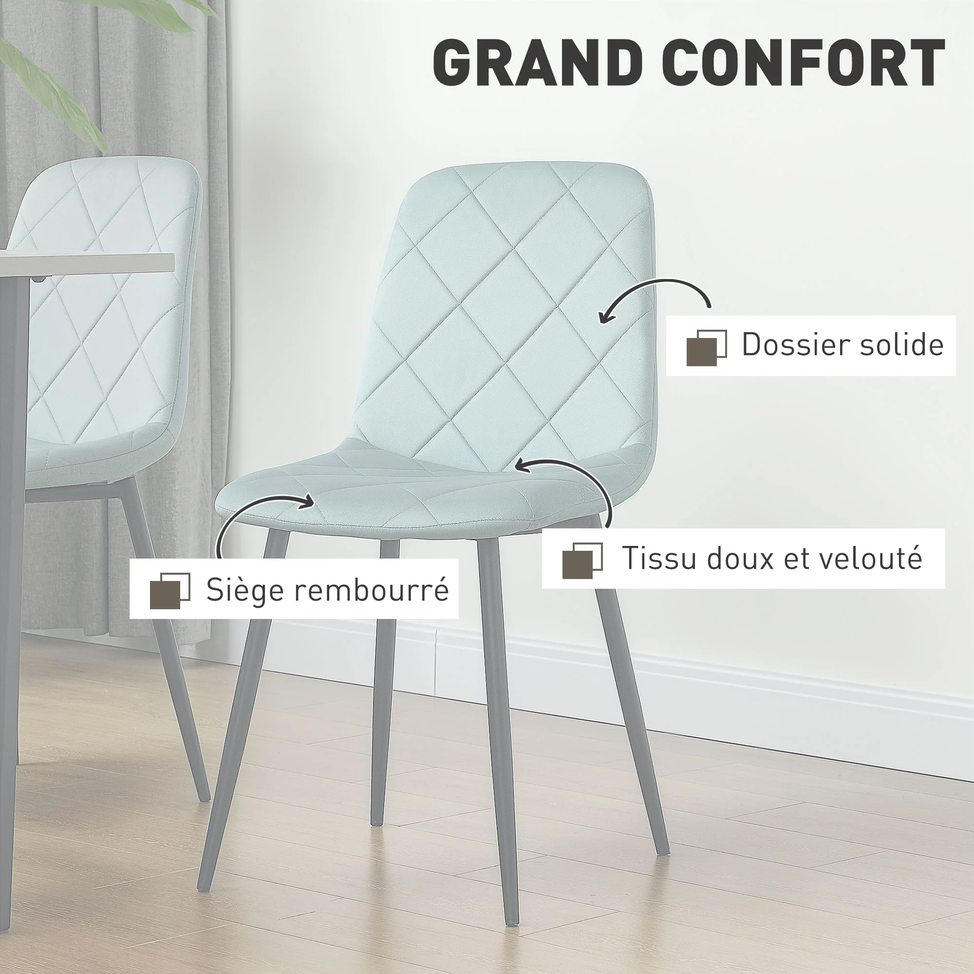 Lot de 4 chaises de salle à manger, chaises de cuisine rembourrées avec dossier haut, pieds en acier et tissu effet velours, pour salon, chambre, cuisine, vert - Image 5