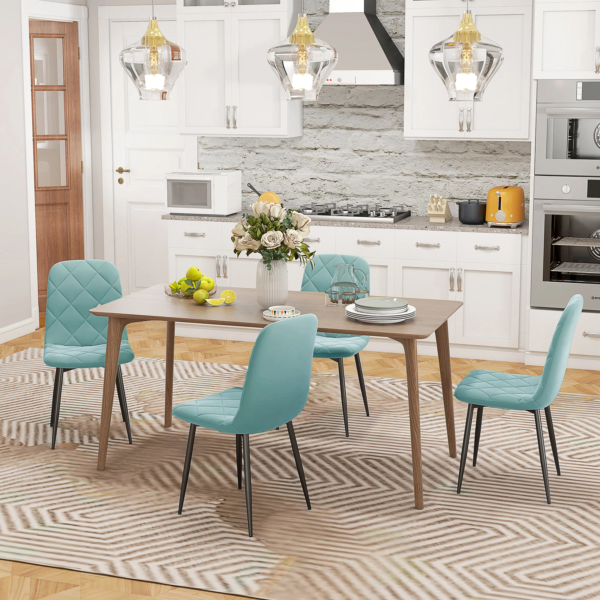 Lot de 4 chaises de salle à manger, chaises de cuisine rembourrées avec dossier haut, pieds en acier et tissu effet velours, pour salon, chambre, cuisine, vert - Image 8