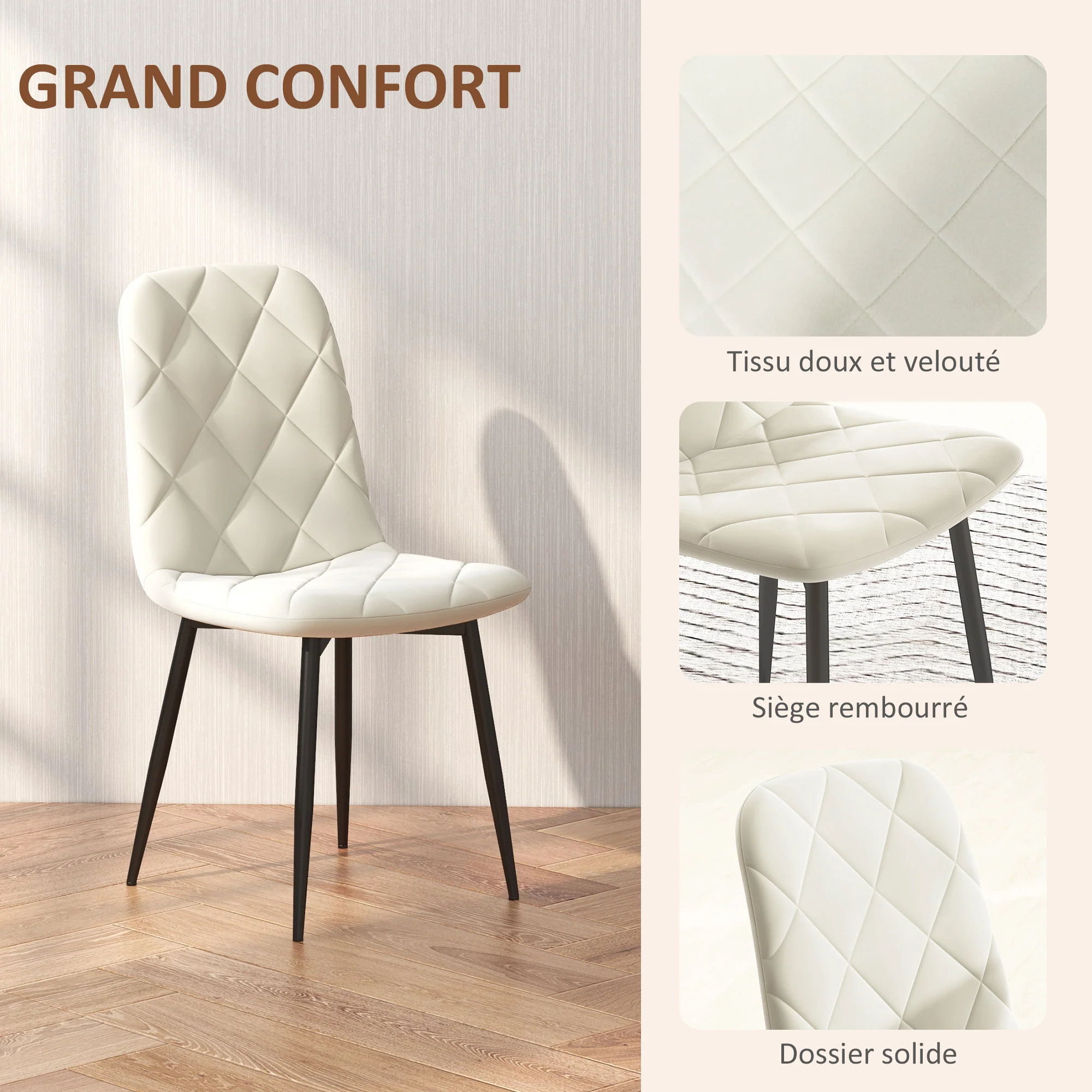 Lot de 4 chaises de salle à manger, chaises de cuisine rembourrées avec dossier haut, pieds en acier et tissu effet velours, pour salon, chambre, cuisine, crème - Image 5