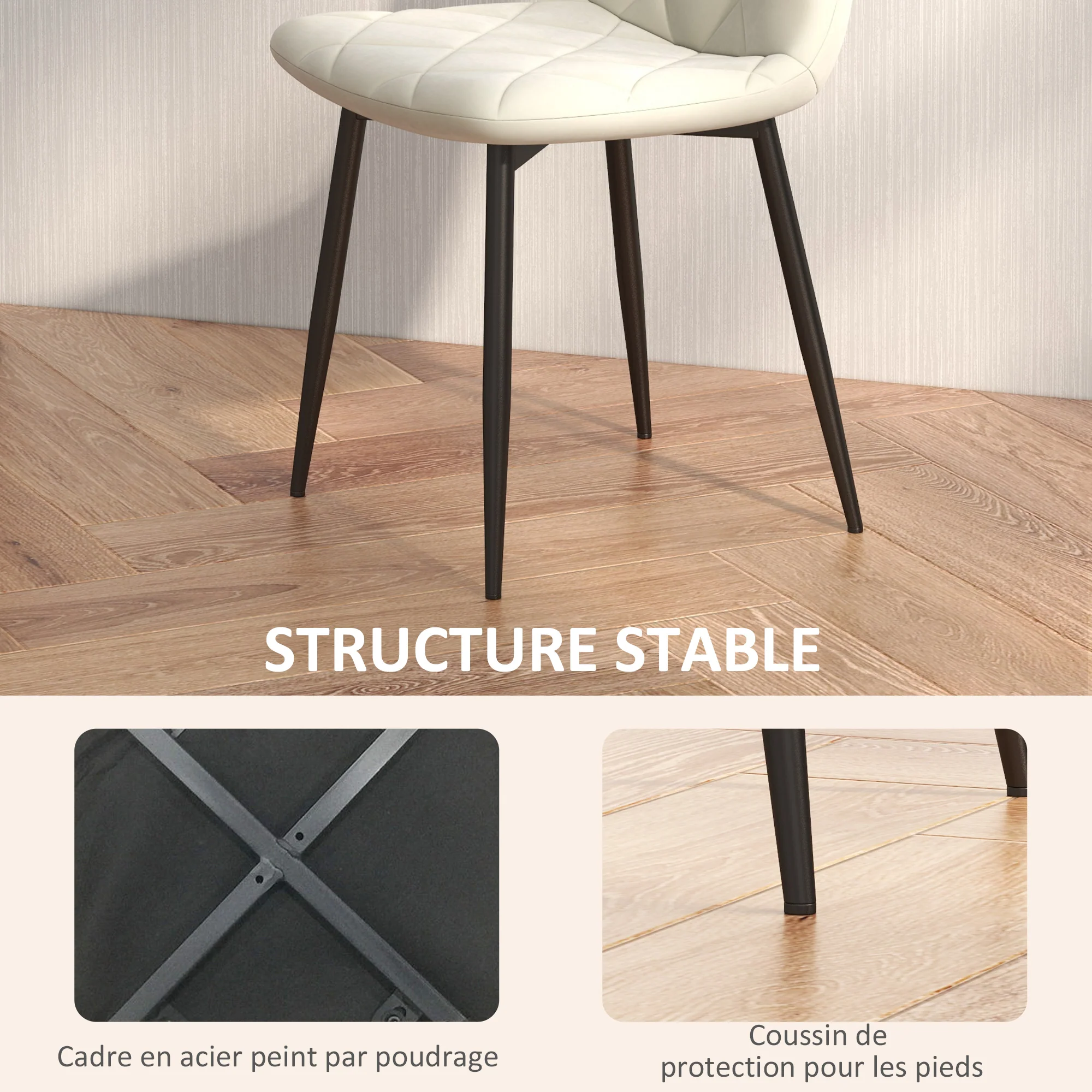 Lot de 4 chaises de salle à manger, chaises de cuisine rembourrées avec dossier haut, pieds en acier et tissu effet velours, pour salon, chambre, cuisine, crème - Image 6
