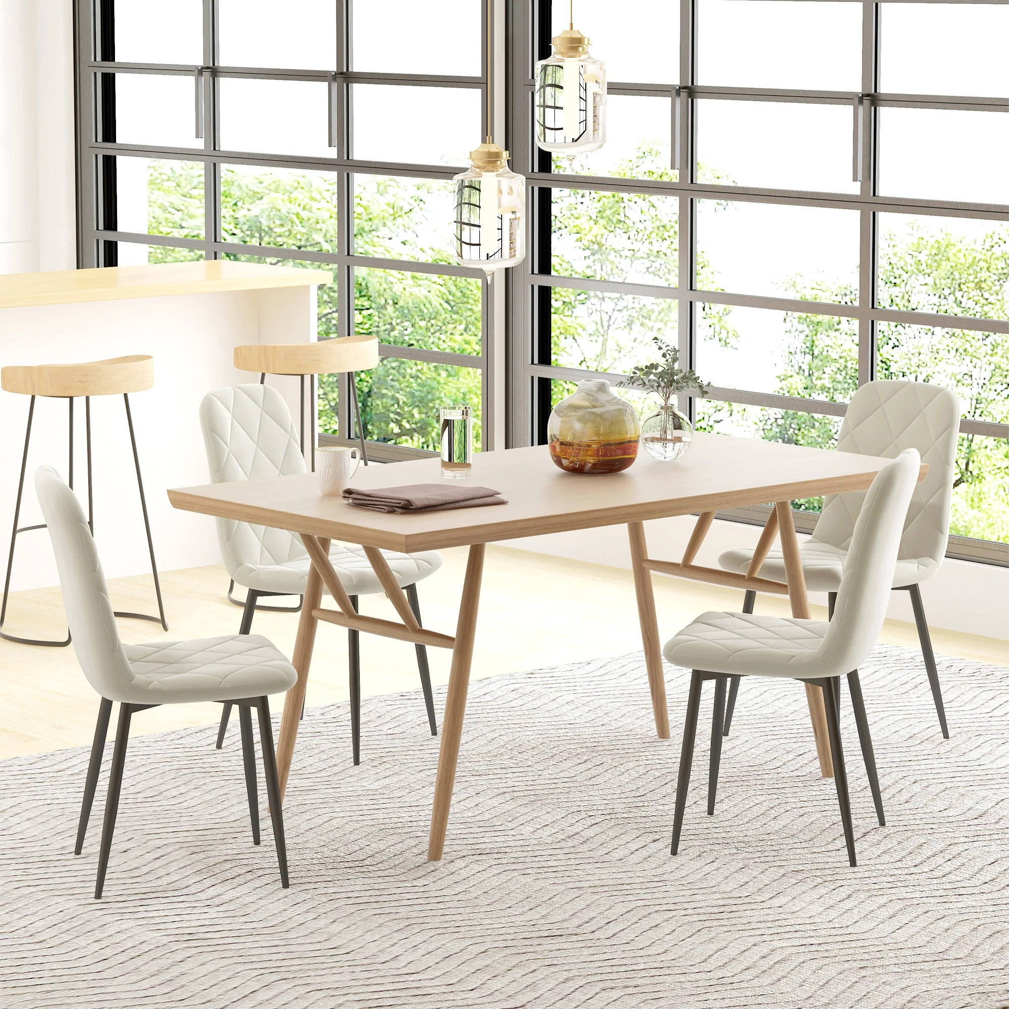 Lot de 4 chaises de salle à manger, chaises de cuisine rembourrées avec dossier haut, pieds en acier et tissu effet velours, pour salon, chambre, cuisine, crème - Image 8
