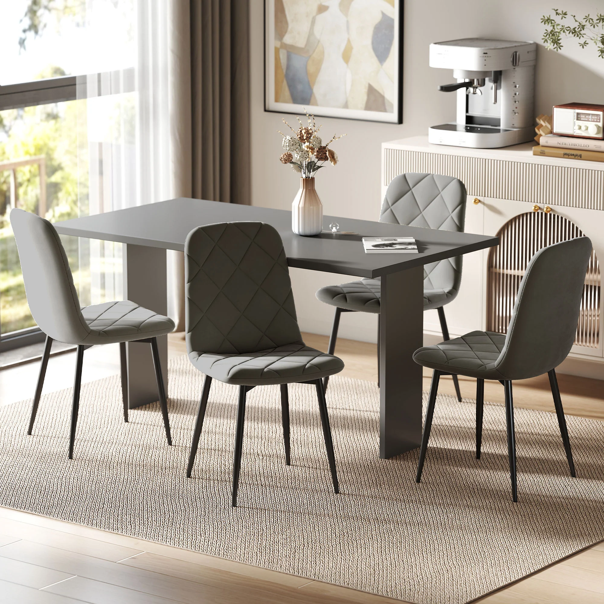Lot de 4 chaises de salle à manger, chaises de cuisine rembourrées avec dossier haut, pieds en acier et tissu effet velours, pour salon, chambre, cuisine, gris - Image 3