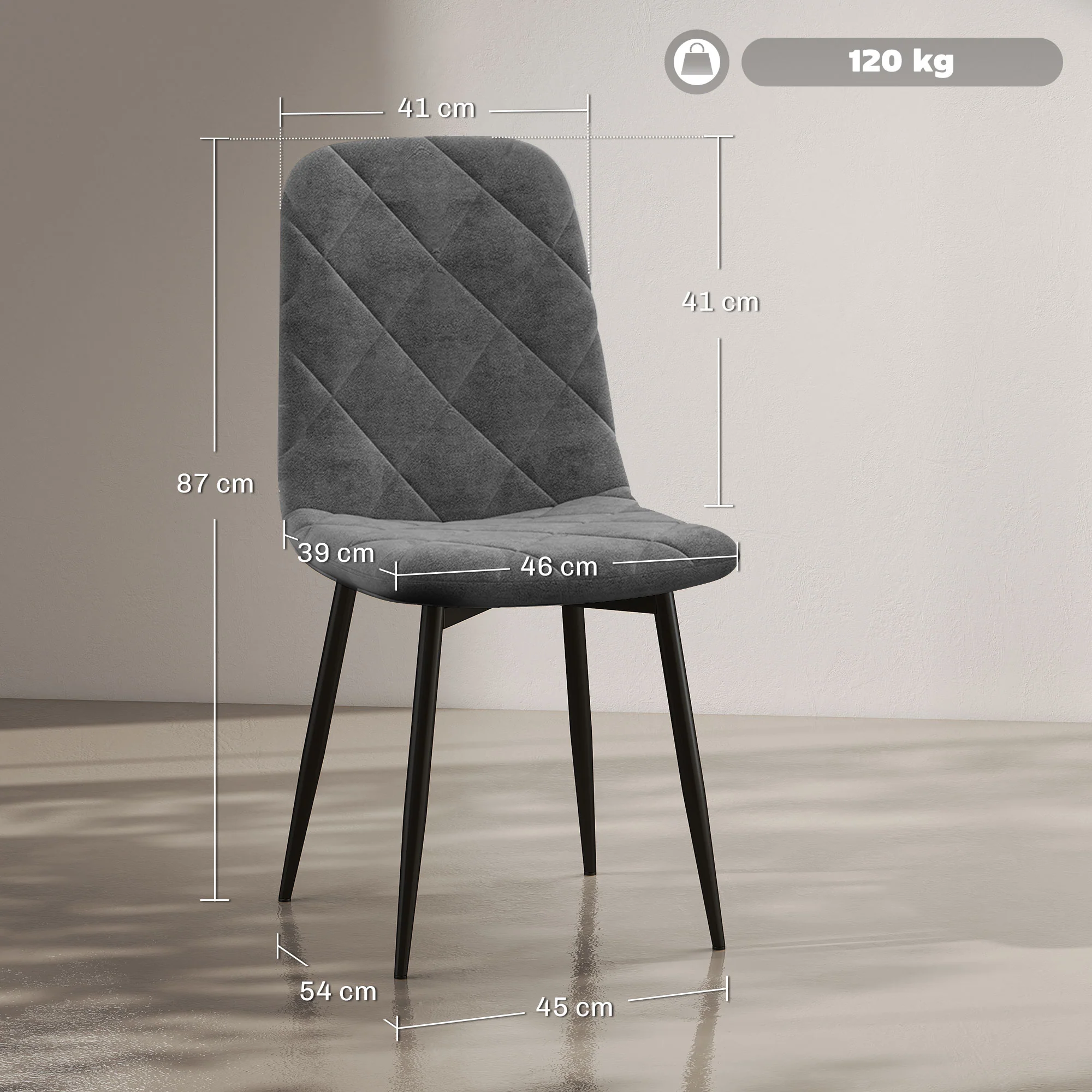Lot de 4 chaises de salle à manger, chaises de cuisine rembourrées avec dossier haut, pieds en acier et tissu effet velours, pour salon, chambre, cuisine, gris - Image 4