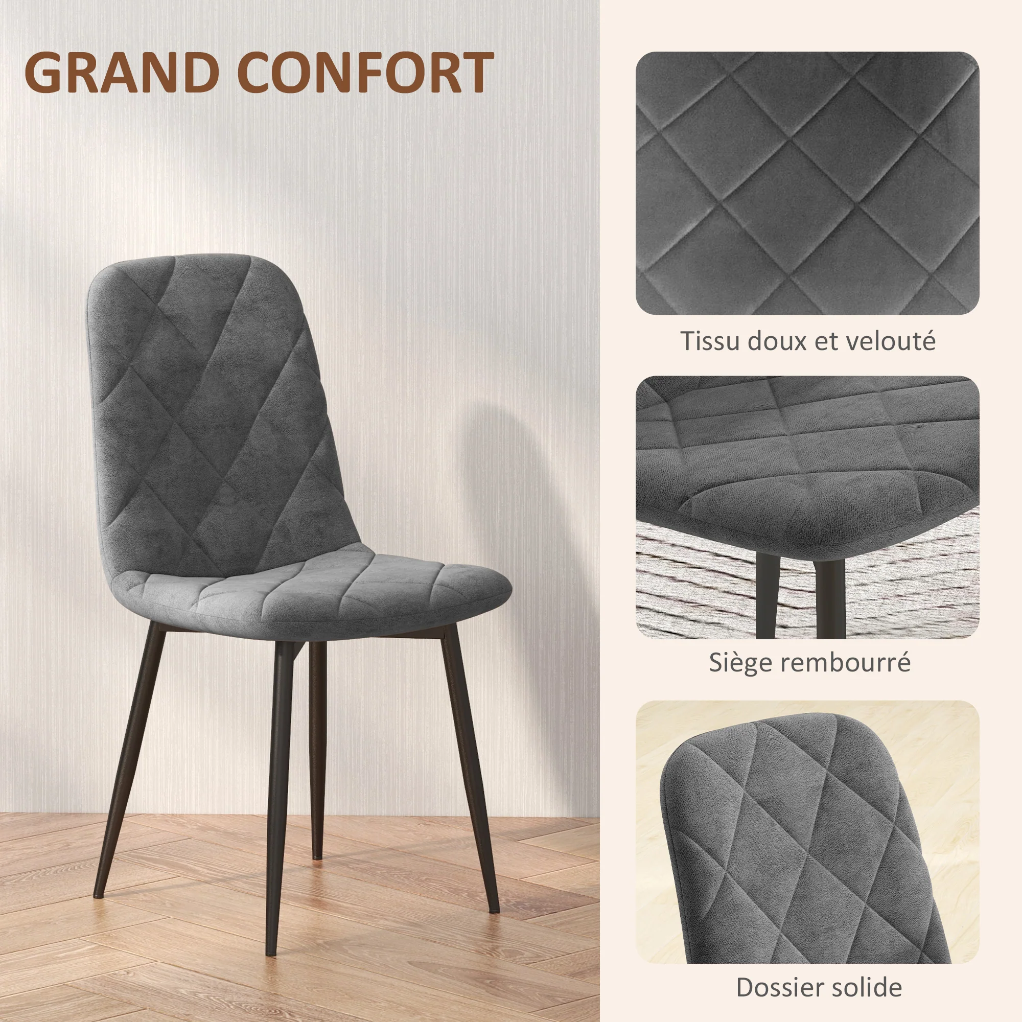 Lot de 4 chaises de salle à manger, chaises de cuisine rembourrées avec dossier haut, pieds en acier et tissu effet velours, pour salon, chambre, cuisine, gris - Image 5