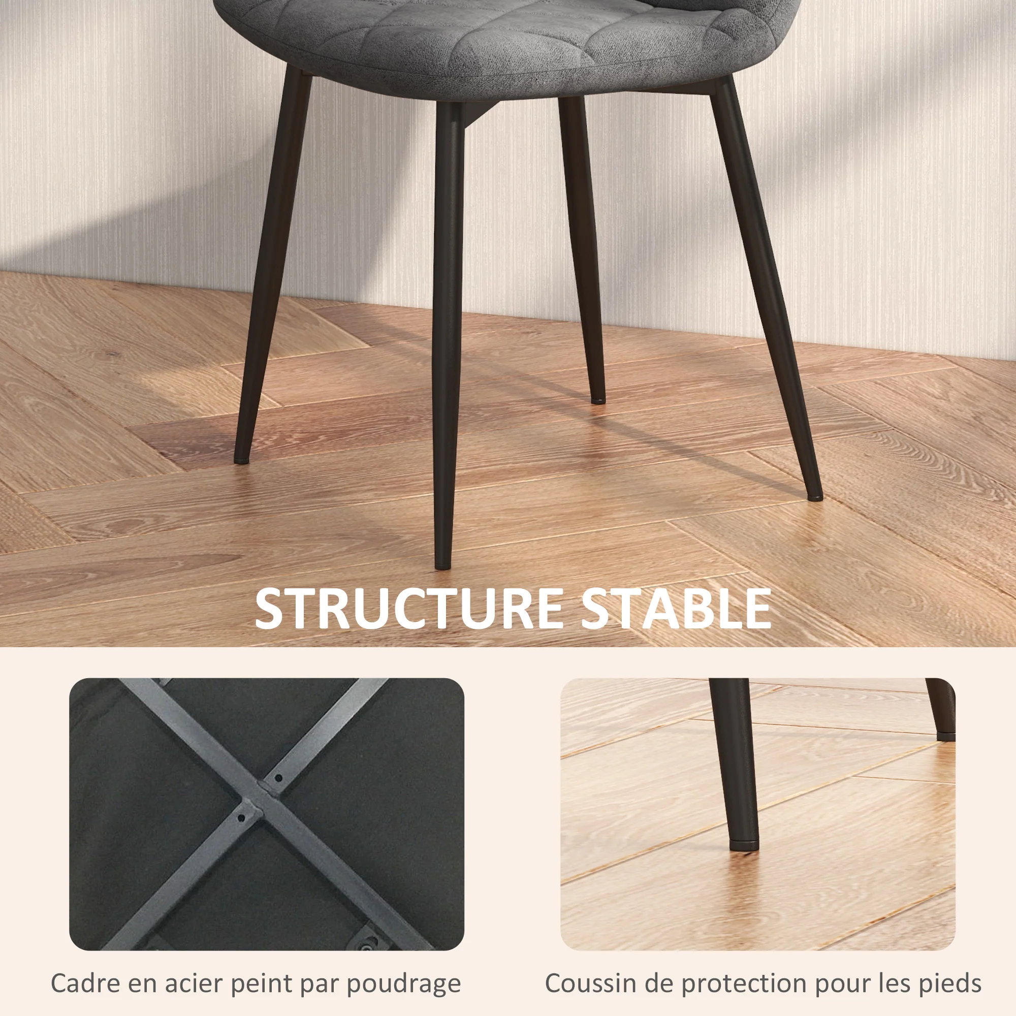 Lot de 4 chaises de salle à manger, chaises de cuisine rembourrées avec dossier haut, pieds en acier et tissu effet velours, pour salon, chambre, cuisine, gris - Image 6