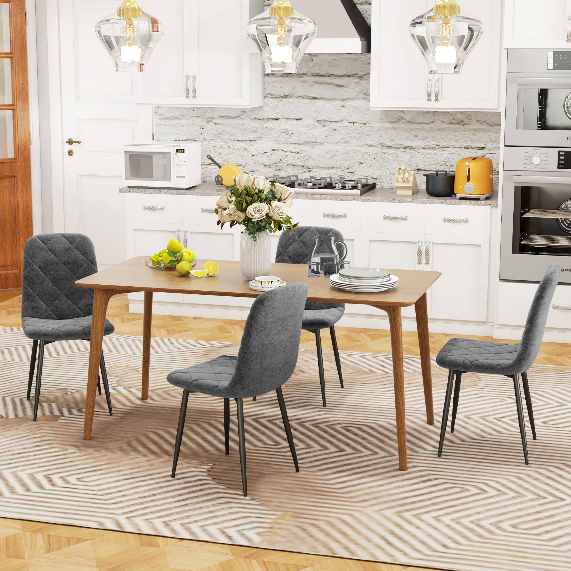Lot de 4 chaises de salle à manger, chaises de cuisine rembourrées avec dossier haut, pieds en acier et tissu effet velours, pour salon, chambre, cuisine, gris - Image 7