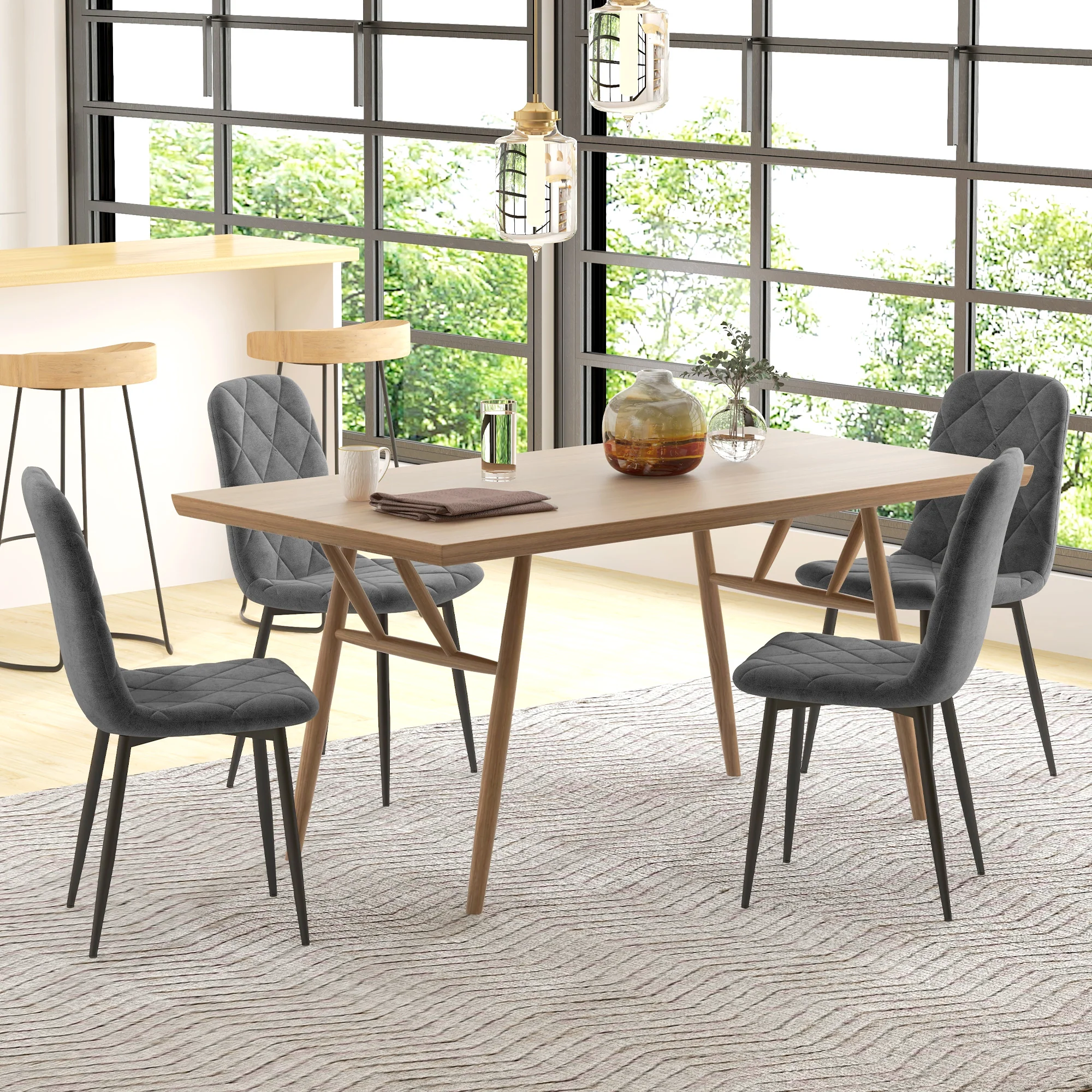 Lot de 4 chaises de salle à manger, chaises de cuisine rembourrées avec dossier haut, pieds en acier et tissu effet velours, pour salon, chambre, cuisine, gris - Image 8