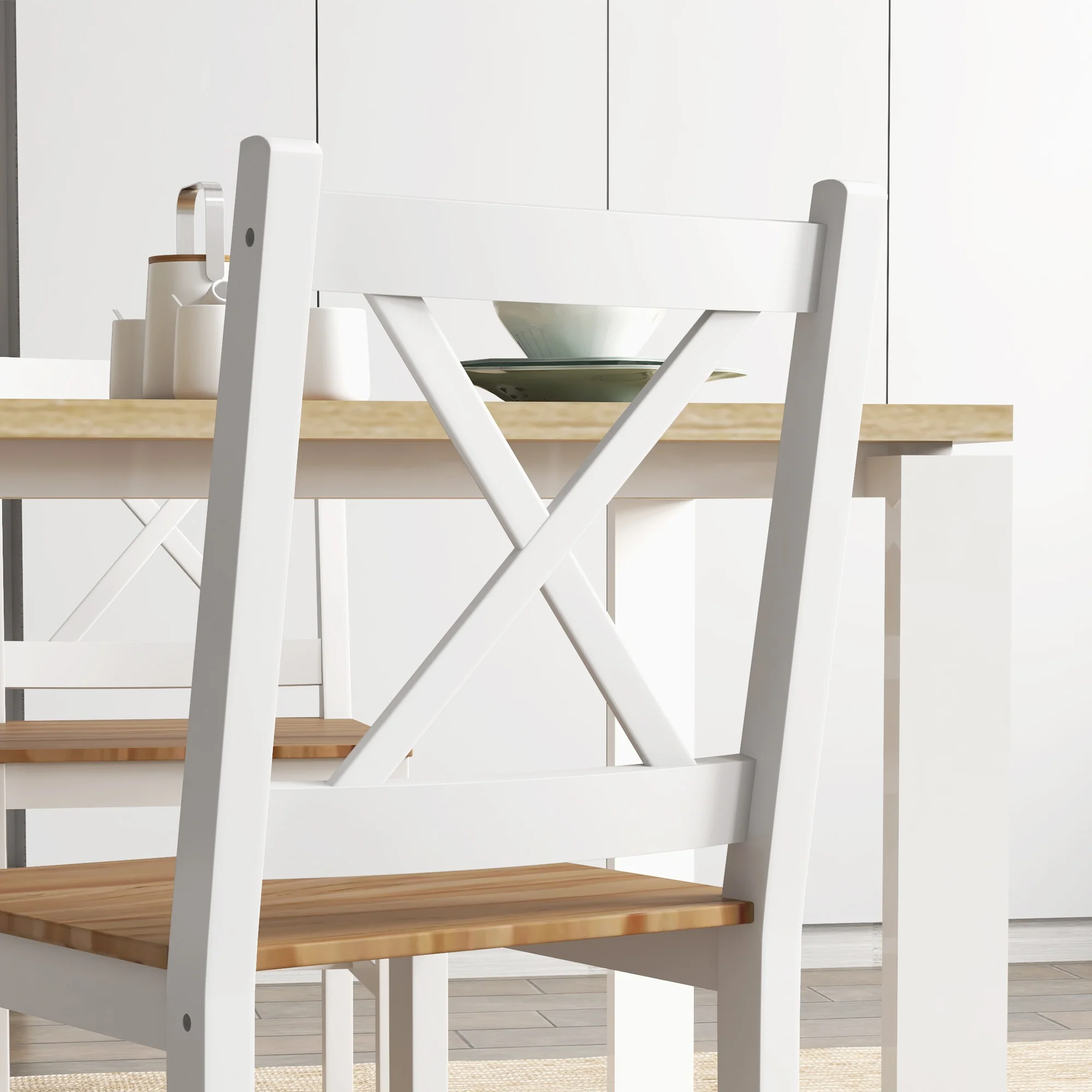 Lot de 4 chaises de salle à manger, chaises de cuisine, style maison de campagne, dossier haut, cadre en bois de pin, pour salon, chambre, cuisine, bois naturel et blanc - Image 10