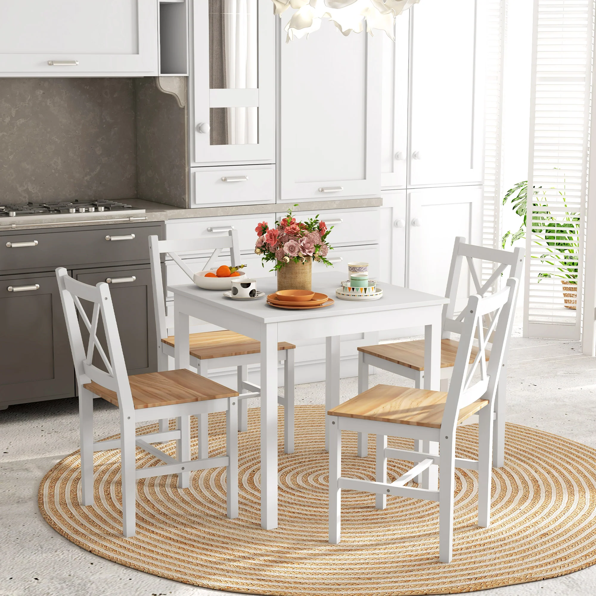 Lot de 4 chaises de salle à manger, chaises de cuisine, style maison de campagne, dossier haut, cadre en bois de pin, pour salon, chambre, cuisine, bois naturel et blanc - Image 11