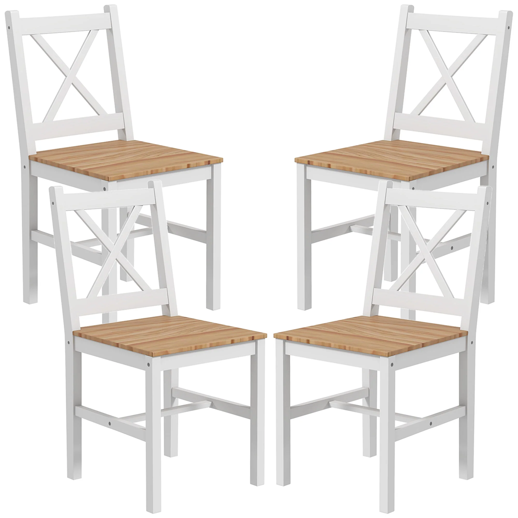 Lot de 4 chaises de salle à manger, chaises de cuisine, style maison de campagne, dossier haut, cadre en bois de pin, pour salon, chambre, cuisine, bois naturel et blanc - Image 12
