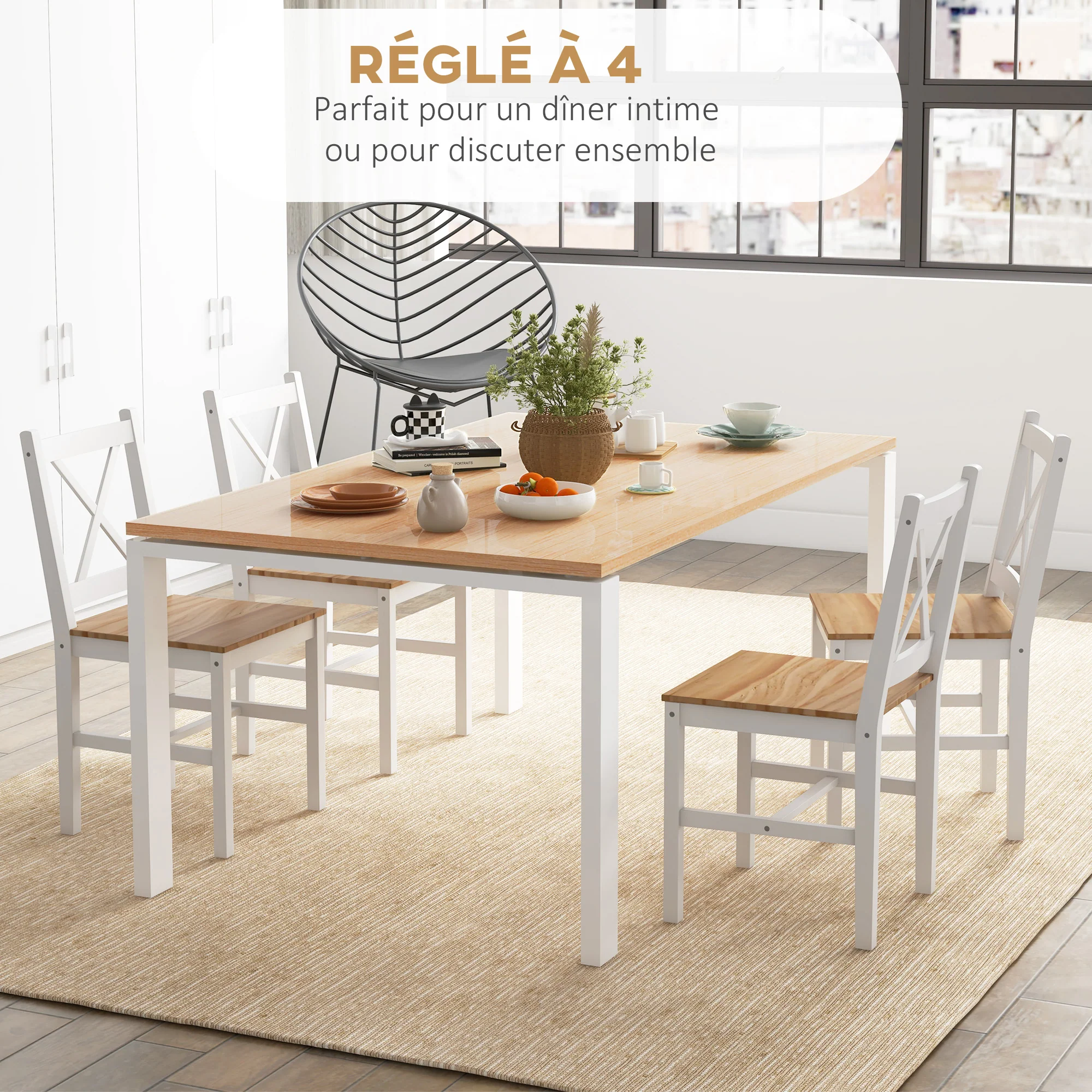 Lot de 4 chaises de salle à manger, chaises de cuisine, style maison de campagne, dossier haut, cadre en bois de pin, pour salon, chambre, cuisine, bois naturel et blanc - Image 5