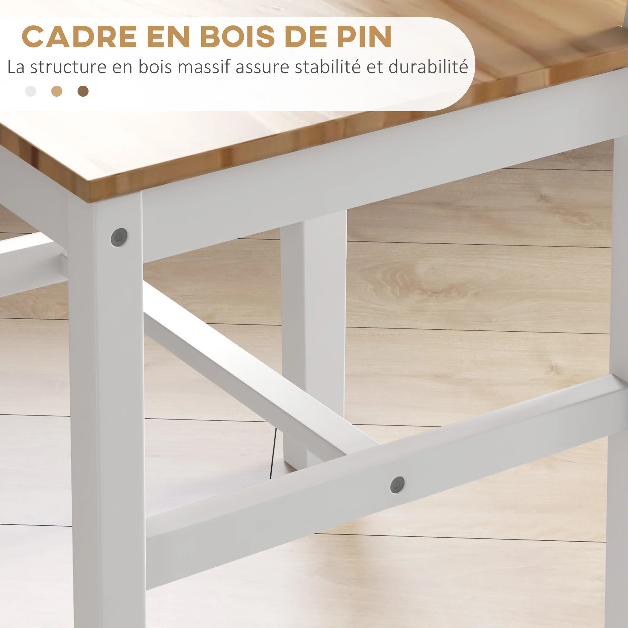 Lot de 4 chaises de salle à manger, chaises de cuisine, style maison de campagne, dossier haut, cadre en bois de pin, pour salon, chambre, cuisine, bois naturel et blanc - Image 6