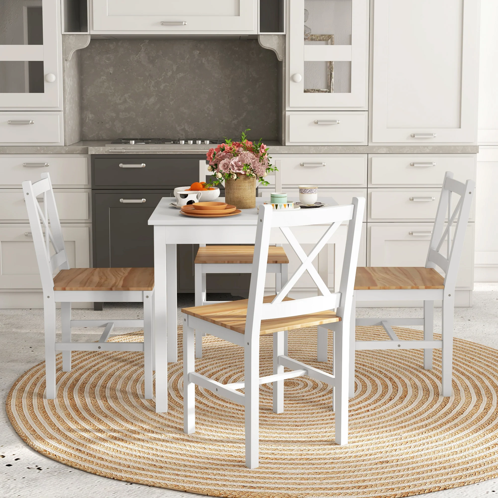 Lot de 4 chaises de salle à manger, chaises de cuisine, style maison de campagne, dossier haut, cadre en bois de pin, pour salon, chambre, cuisine, bois naturel et blanc - Image 9
