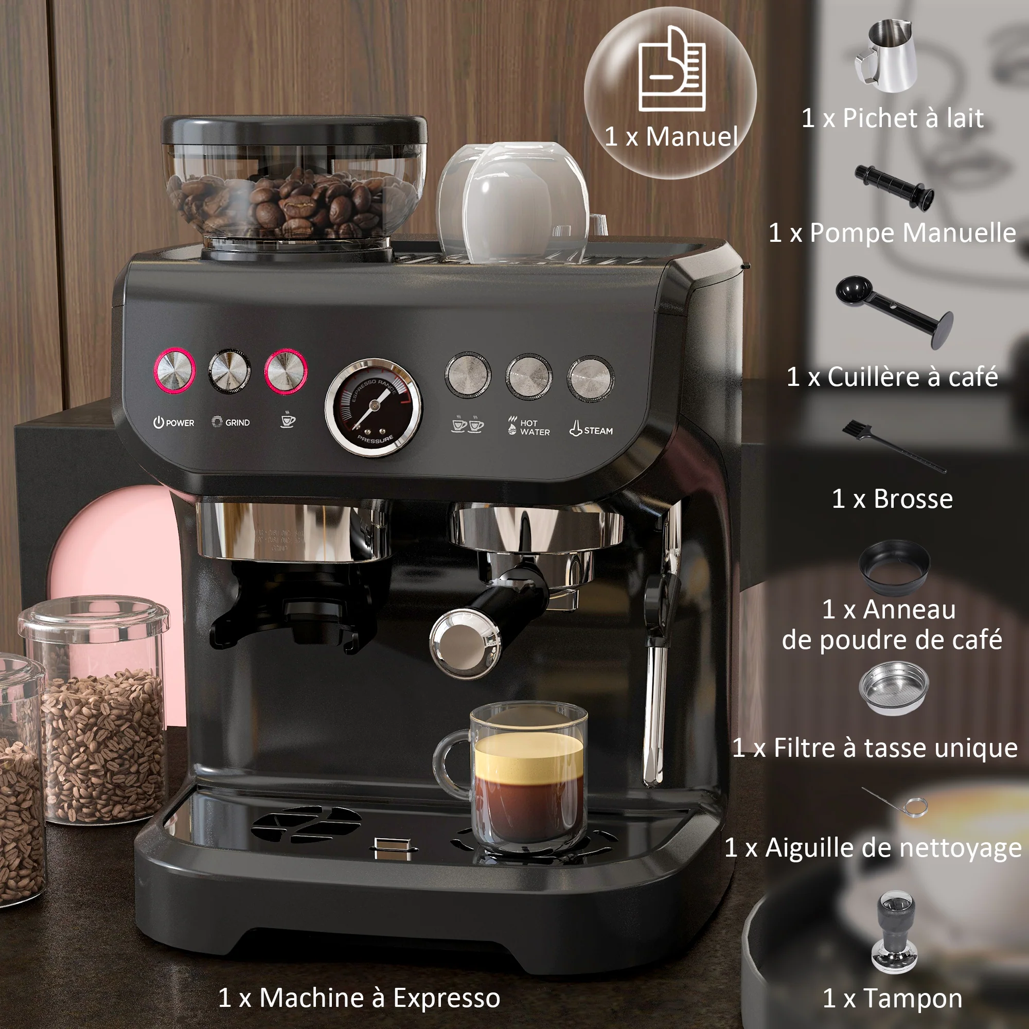 Machine à expresso machine à café à grains 1600W avec moulin à grains, buse vapeur, pompe italienne 15 bars, 1 ou 2 tasses, réservoir d'eau 2 L, cafetière espresso en acier inoxydable, noir - Image 10