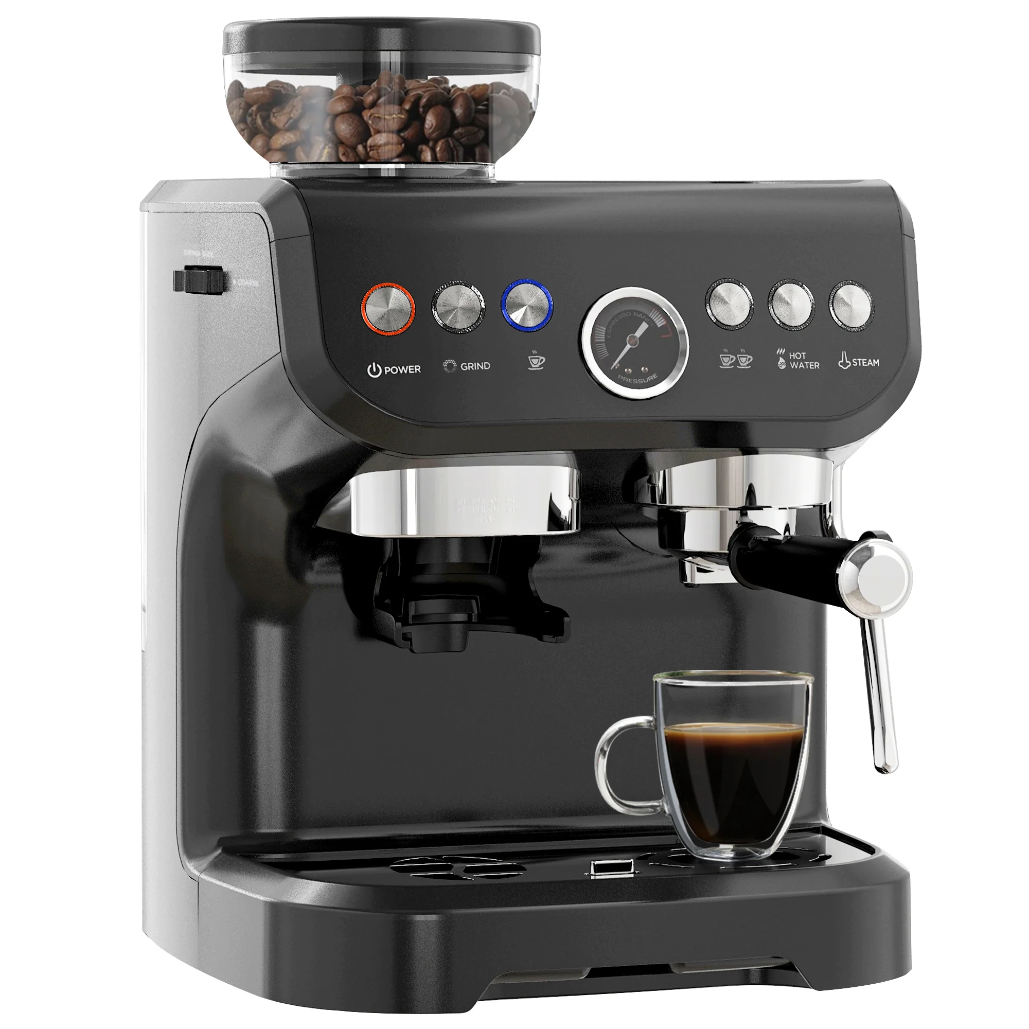 Machine à expresso machine à café à grains 1600W avec moulin à grains, buse vapeur, pompe italienne 15 bars, 1 ou 2 tasses, réservoir d'eau 2 L, cafetière espresso en acier inoxydable, noir - Image 11