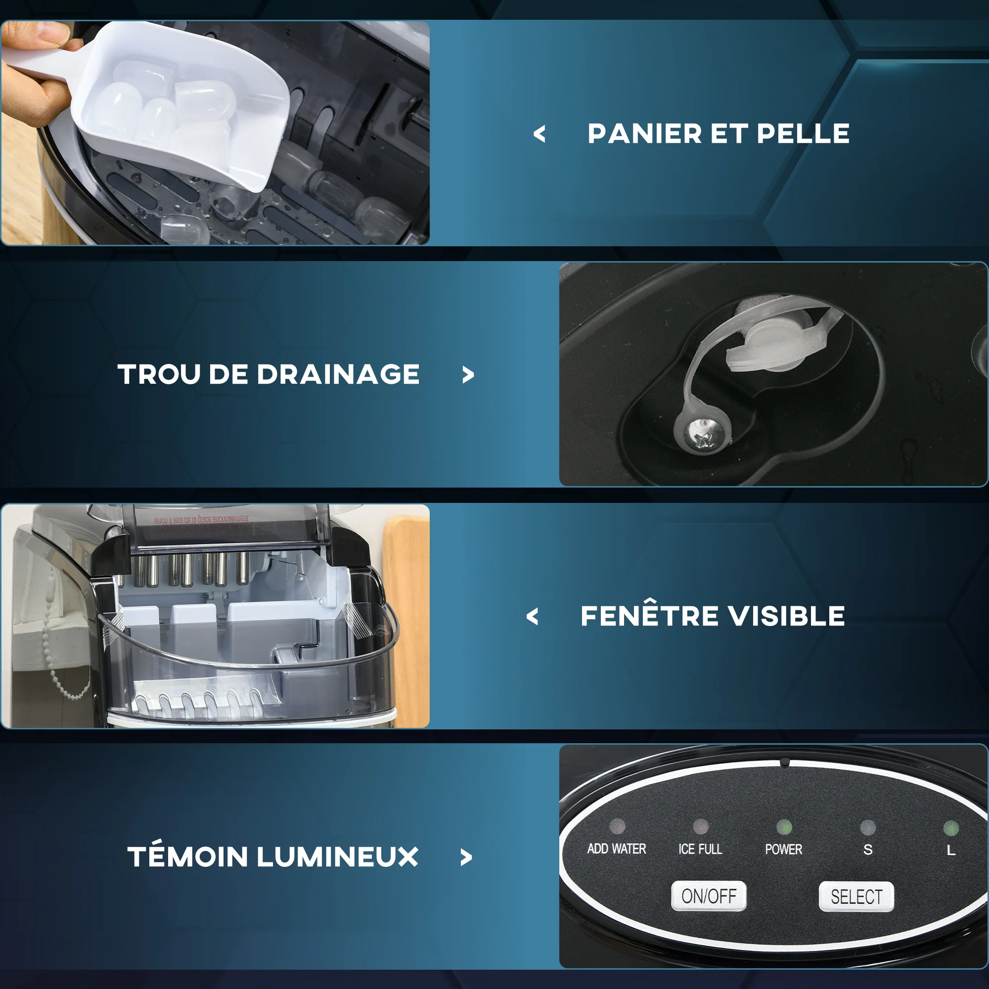 Machine à gla?ons 12kg en 24h, Machine Glacon autonettoyant, capacité réservoir 1,8 L, Affichage LED, pelle et panier inclus, en acier Inox pour Maison, Cuisine, Bar - Image 6