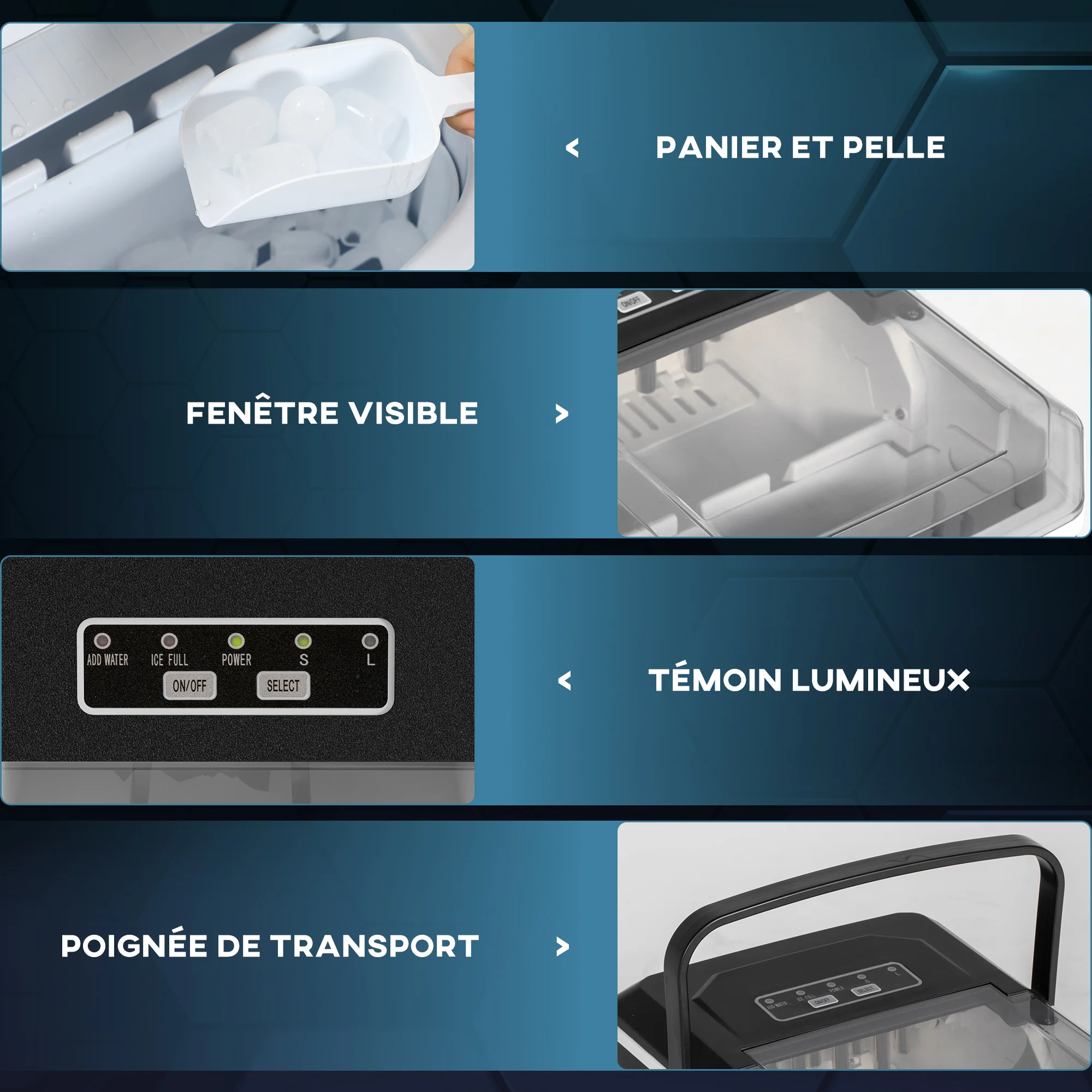 Machine à glaçons autonettoyante, 12kg en 24h, 9 glaçons en 6-13 minutes, ice maker Portable Avec Poignée, panier et pelle, pour la maison/cuisine/camping, noir - Image 6