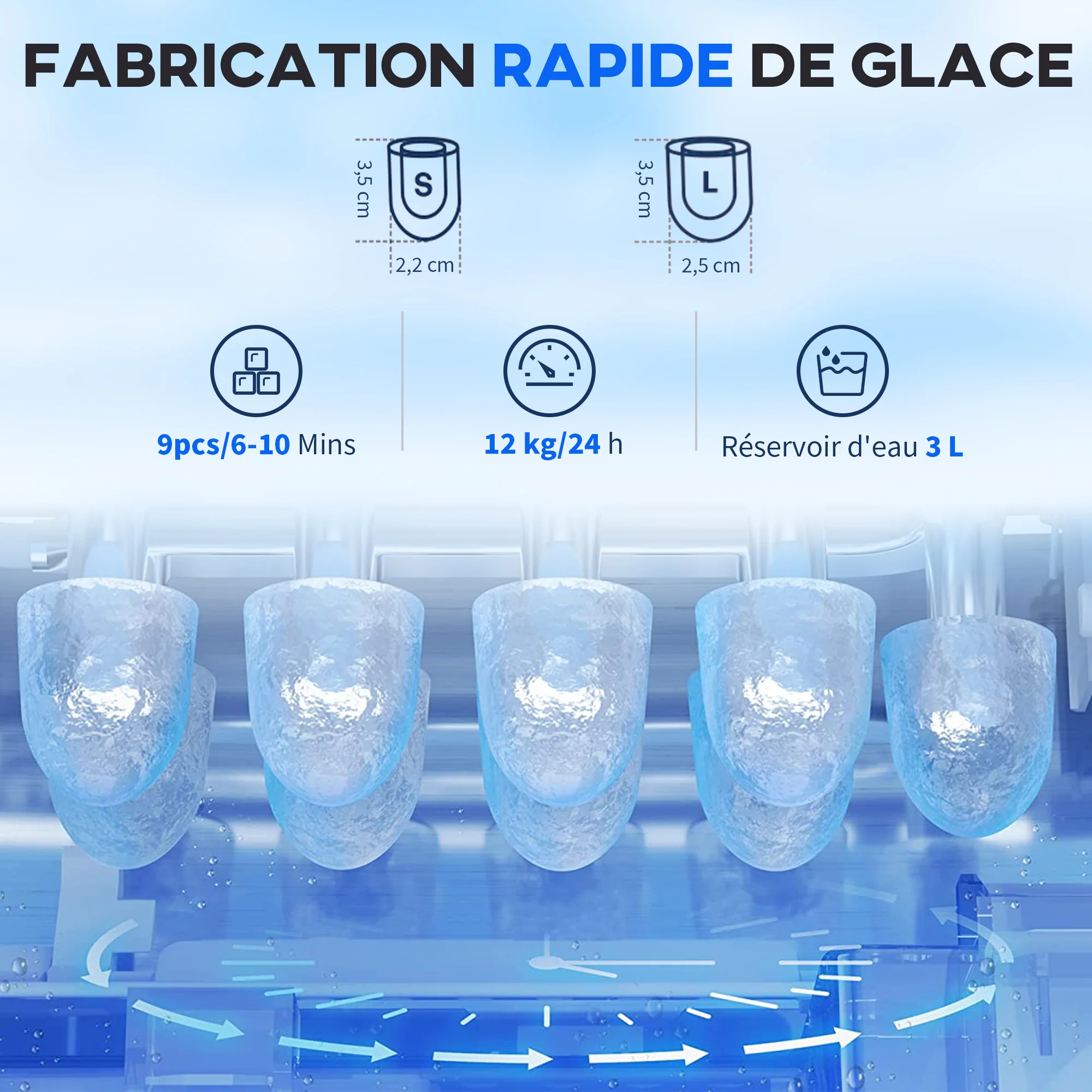 Machine à glaçons avec distributeur d'eau, 12kg en 24h, 9 glaçons en 6-10 minutes, ice maker portable, taille de glaçon réglable, minuterie, pour maison, cuisine, bureau, bar, noir - Image 4
