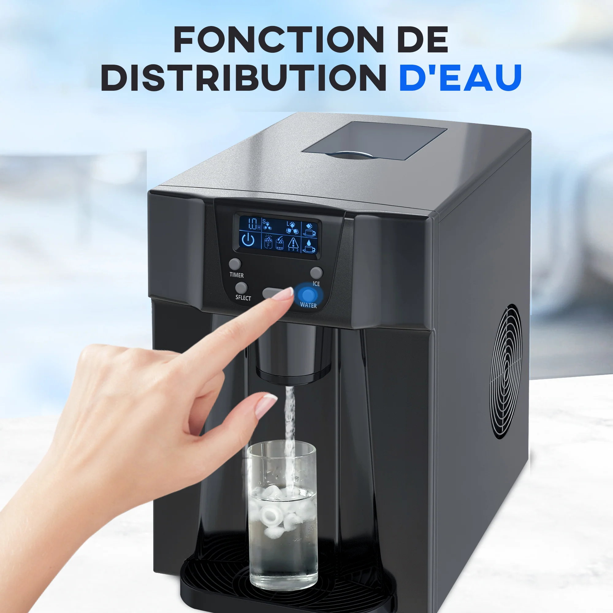 Machine à glaçons avec distributeur d'eau, 12kg en 24h, 9 glaçons en 6-10 minutes, ice maker portable, taille de glaçon réglable, minuterie, pour maison, cuisine, bureau, bar, noir - Image 5