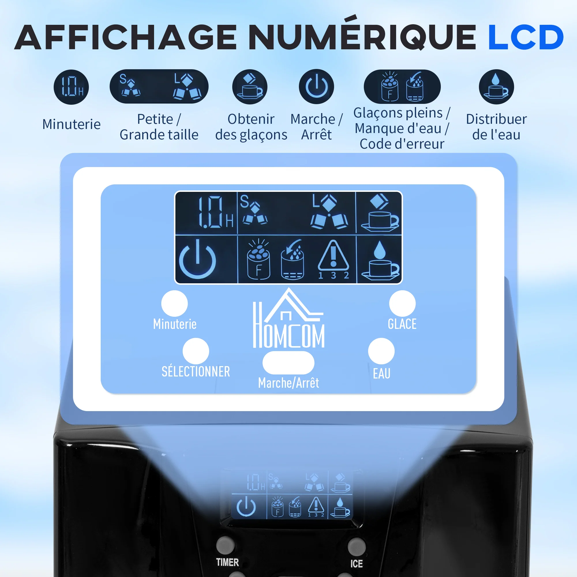 Machine à glaçons avec distributeur d'eau, 12kg en 24h, 9 glaçons en 6-10 minutes, ice maker portable, taille de glaçon réglable, minuterie, pour maison, cuisine, bureau, bar, noir - Image 6