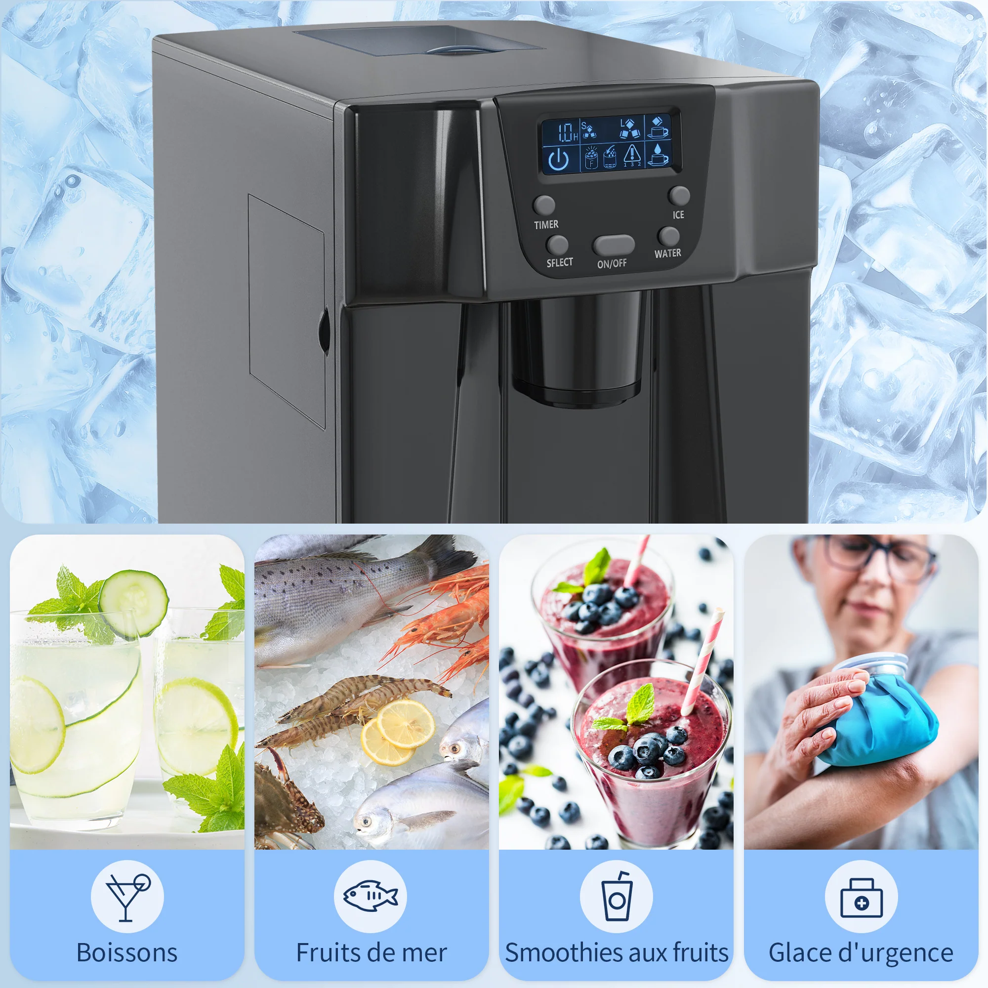 Machine à glaçons avec distributeur d'eau, 12kg en 24h, 9 glaçons en 6-10 minutes, ice maker portable, taille de glaçon réglable, minuterie, pour maison, cuisine, bureau, bar, noir - Image 7
