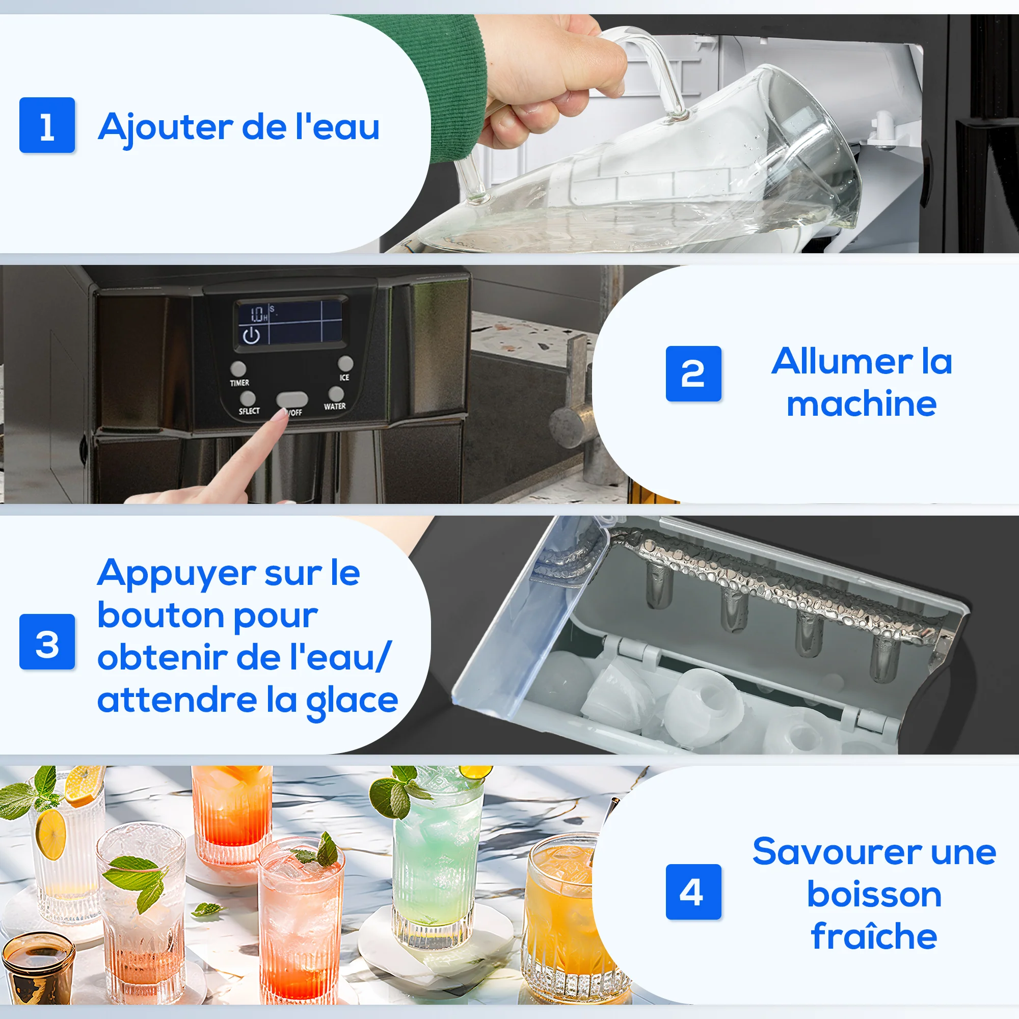 Machine à glaçons avec distributeur d'eau, 12kg en 24h, 9 glaçons en 6-10 minutes, ice maker portable, taille de glaçon réglable, minuterie, pour maison, cuisine, bureau, bar, noir - Image 8