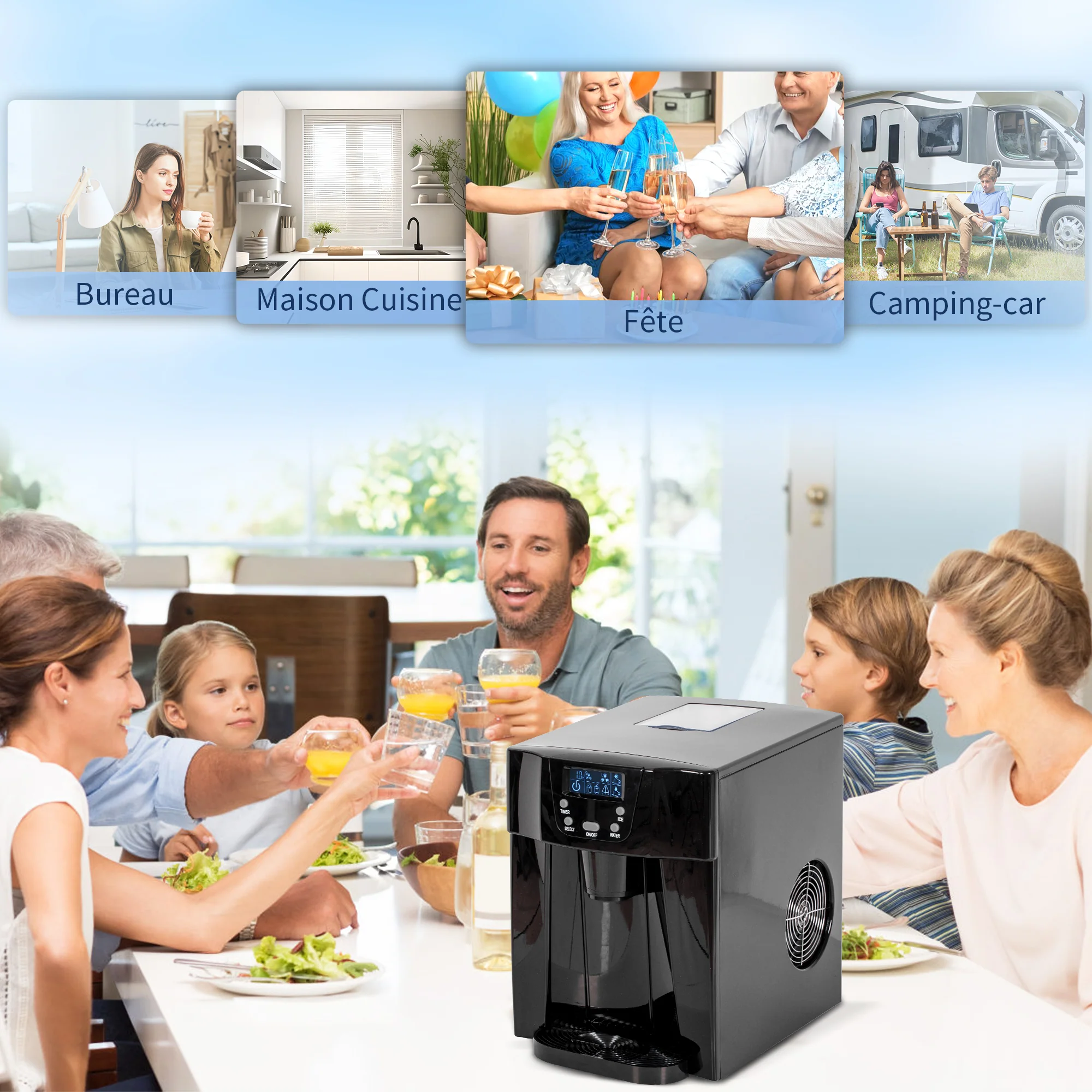 Machine à glaçons avec distributeur d'eau, 12kg en 24h, 9 glaçons en 6-10 minutes, ice maker portable, taille de glaçon réglable, minuterie, pour maison, cuisine, bureau, bar, noir - Image 9
