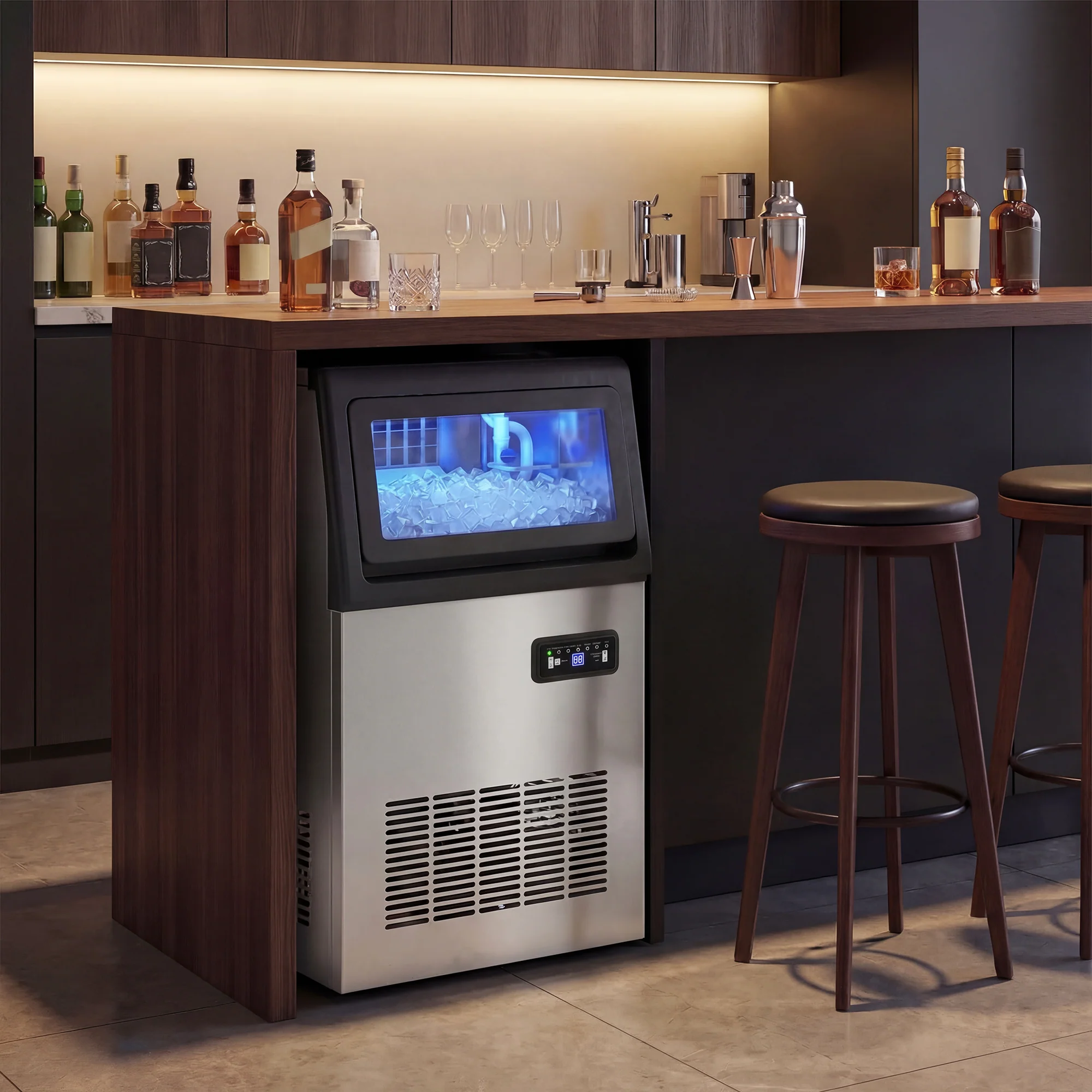 Machine à Gla?ons Commerciale 36 kg/24H, Acier inoxydable, Ice Maker Professionnel, Capacité 7,5 kg, 36 Cubes par 10 Minutes, Nettoyage Automatique, Minuterie, à Encastrer ou à Poser, Argenté - Image 7