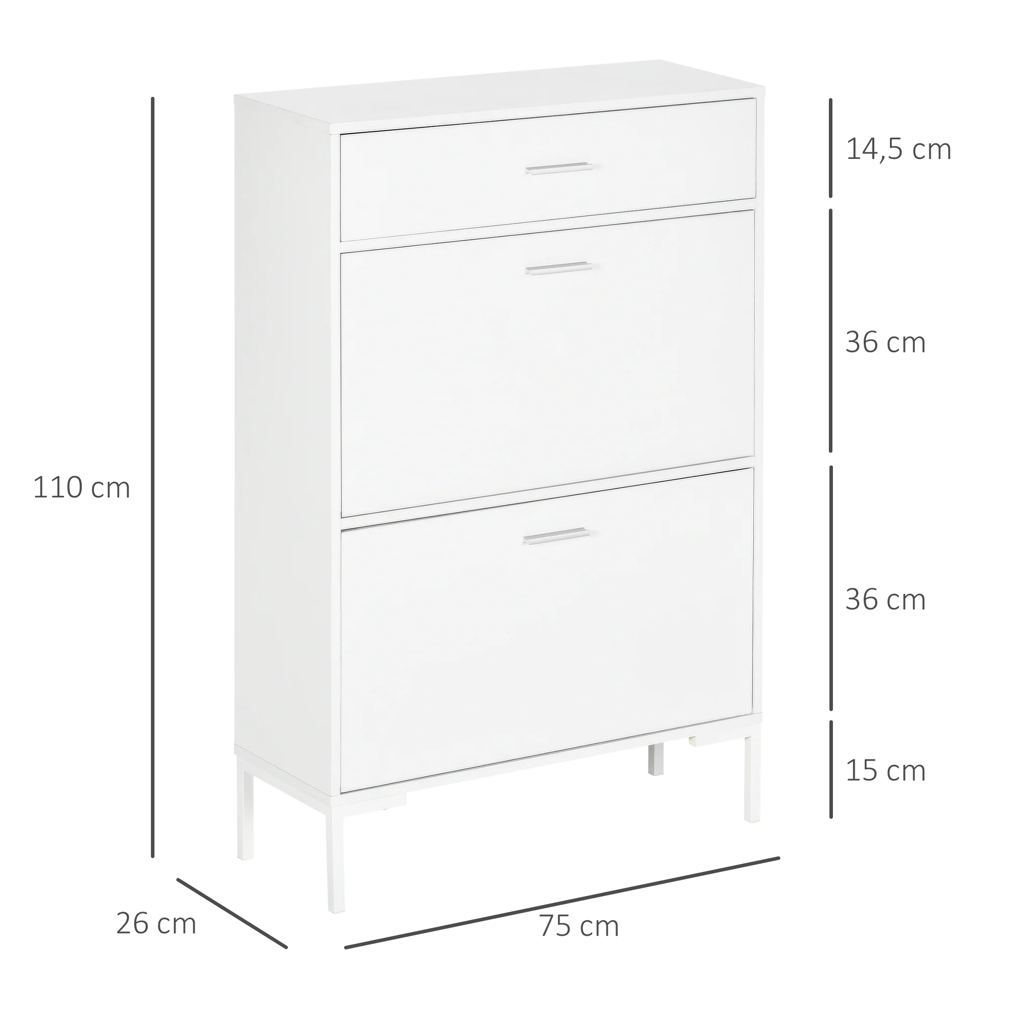 Meuble à chaussures 12 paires, armoire à chaussures étroite avec 2 tiroirs rabattables, 1 tiroir et étagères réglables, style moderne, pour couloir, entrée, 75 x 26 x 110 cm, blanc - Image 4