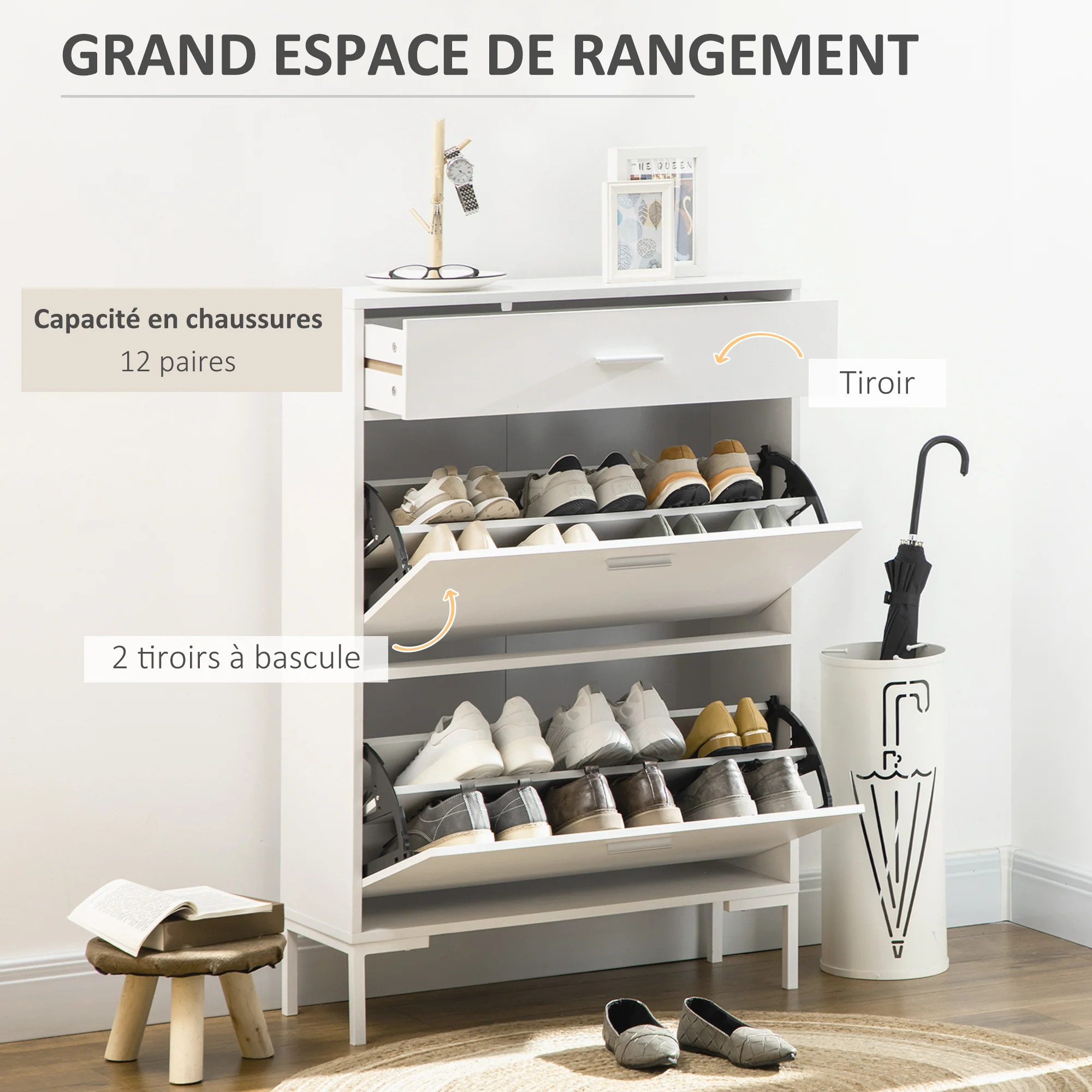 Meuble à chaussures 12 paires, armoire à chaussures étroite avec 2 tiroirs rabattables, 1 tiroir et étagères réglables, style moderne, pour couloir, entrée, 75 x 26 x 110 cm, blanc - Image 5
