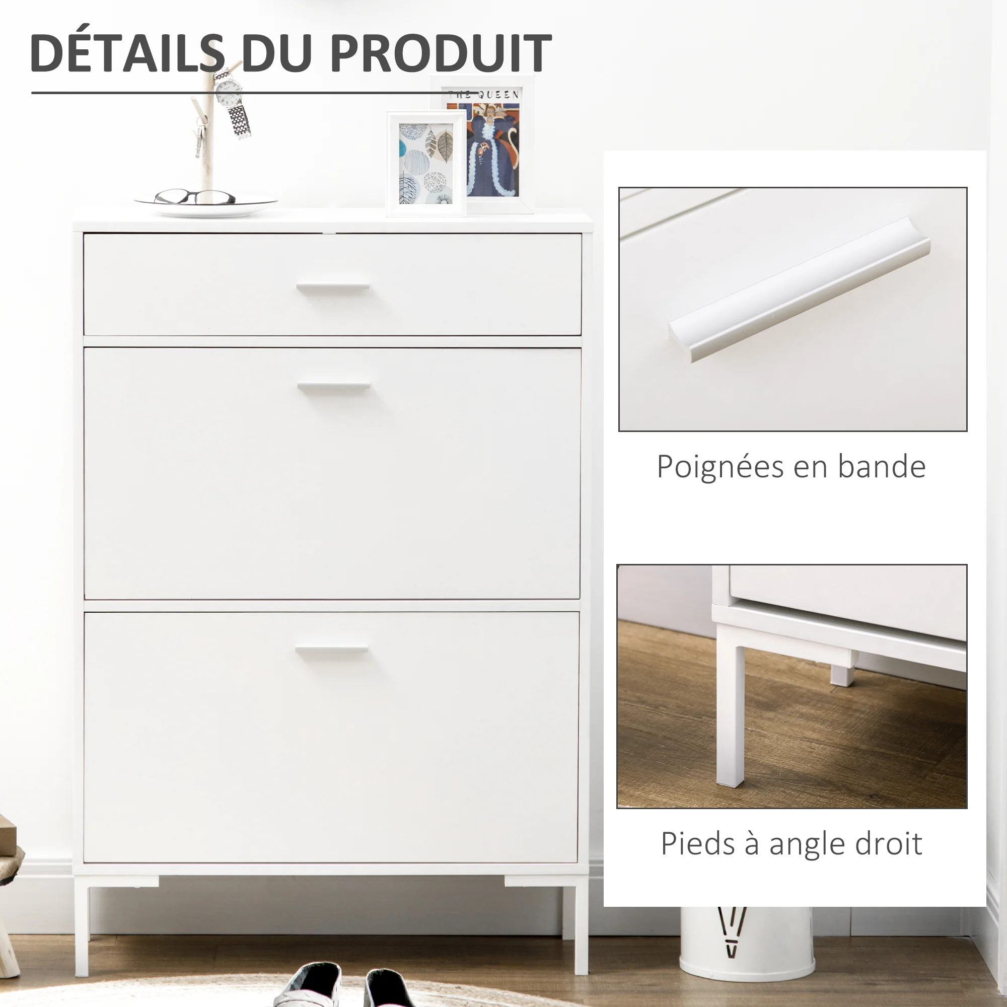 Meuble à chaussures 12 paires, armoire à chaussures étroite avec 2 tiroirs rabattables, 1 tiroir et étagères réglables, style moderne, pour couloir, entrée, 75 x 26 x 110 cm, blanc - Image 8