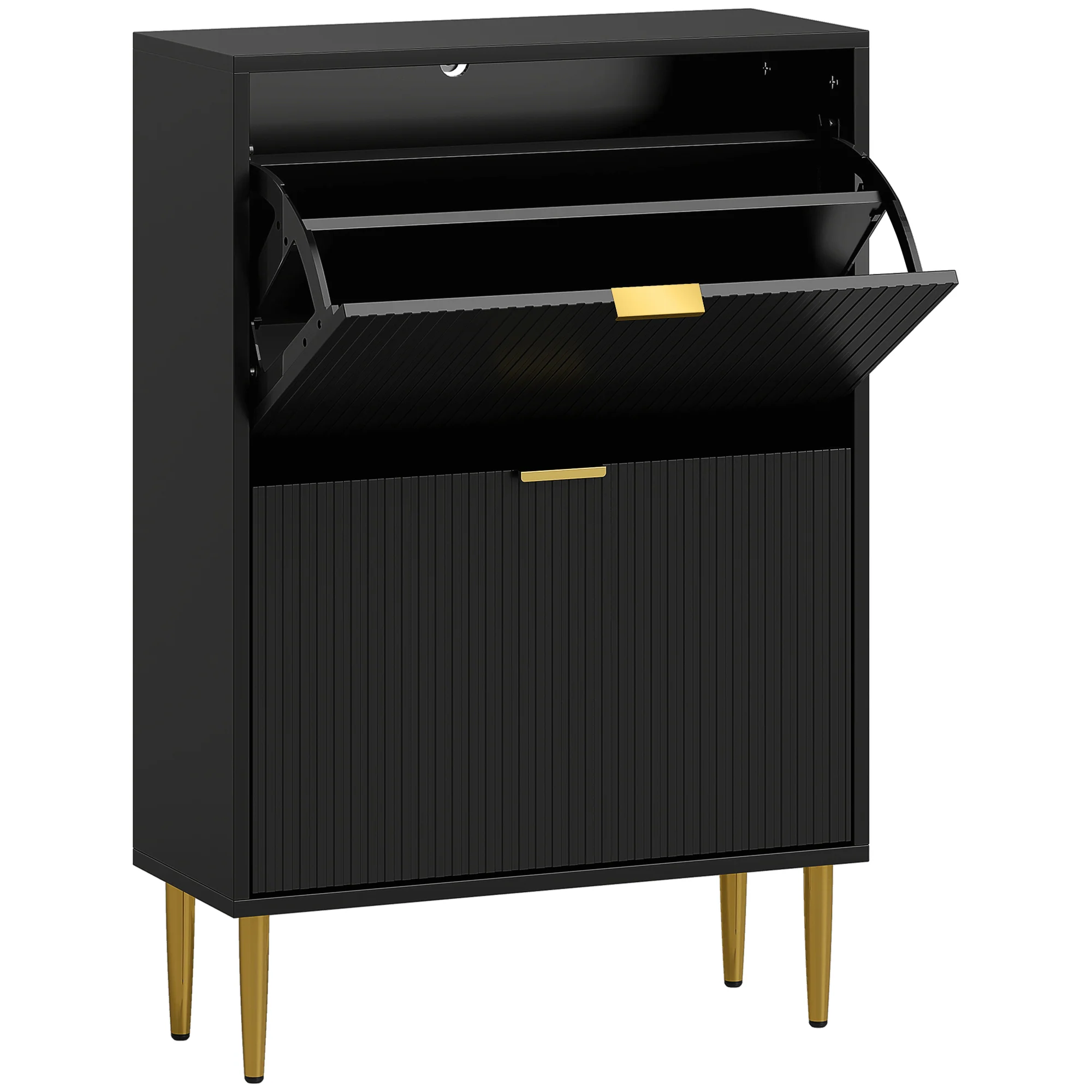 Meuble à chaussures 12 paires, armoire à chaussures étroite moderne avec 2 tiroirs rabattables, portes cannelées et étagères réglables, pour couloir et entrée, 60 x 24 x 91,5 cm, noir - Image 2