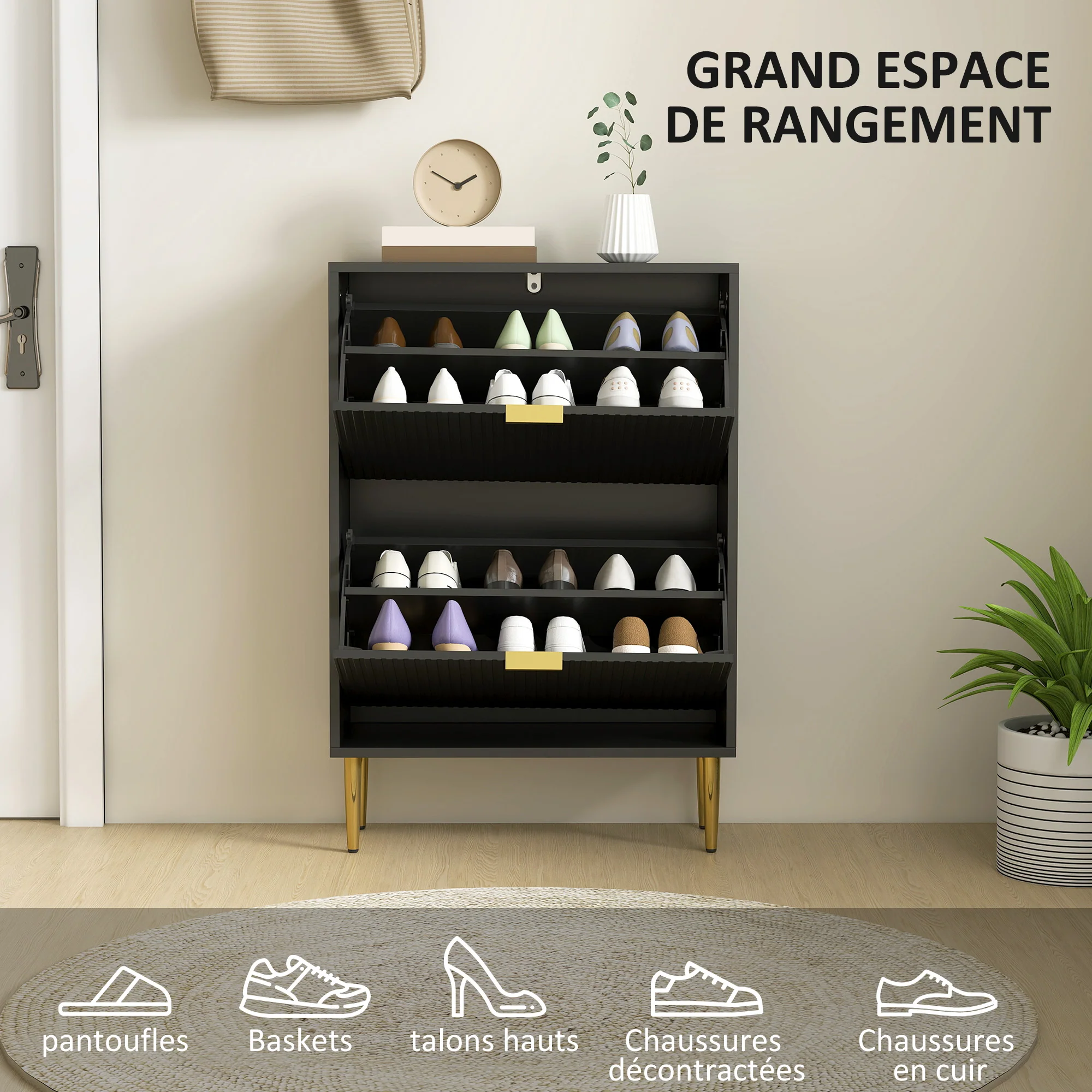 Meuble à chaussures 12 paires, armoire à chaussures étroite moderne avec 2 tiroirs rabattables, portes cannelées et étagères réglables, pour couloir et entrée, 60 x 24 x 91,5 cm, noir - Image 6