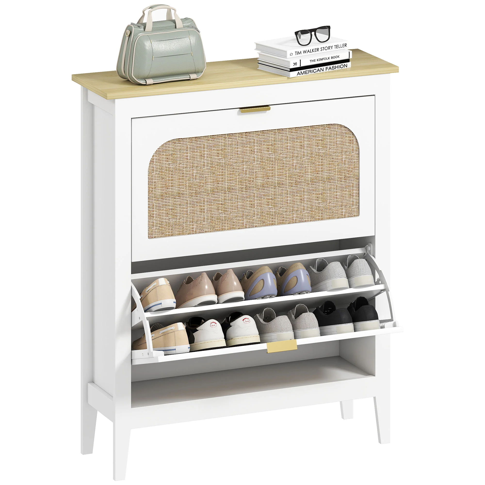 Meuble à chaussures 14 paires, armoire à chaussures étroite bohème avec 2 tiroirs rabattables, portes effet cannage rotin et étagères réglables, pour couloir et entrée, 80x24x95,5cm, blanc - Image 11