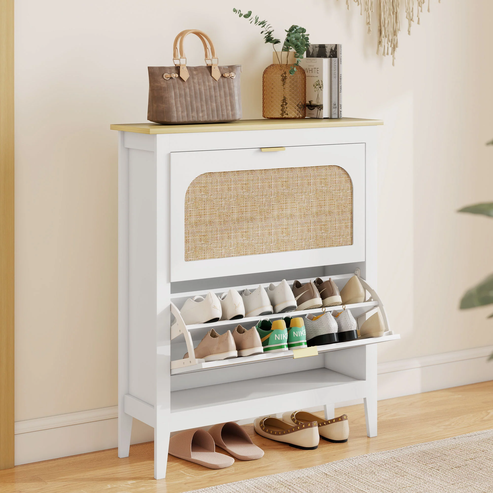 Meuble à chaussures 14 paires, armoire à chaussures étroite bohème avec 2 tiroirs rabattables, portes effet cannage rotin et étagères réglables, pour couloir et entrée, 80x24x95,5cm, blanc - Image 3
