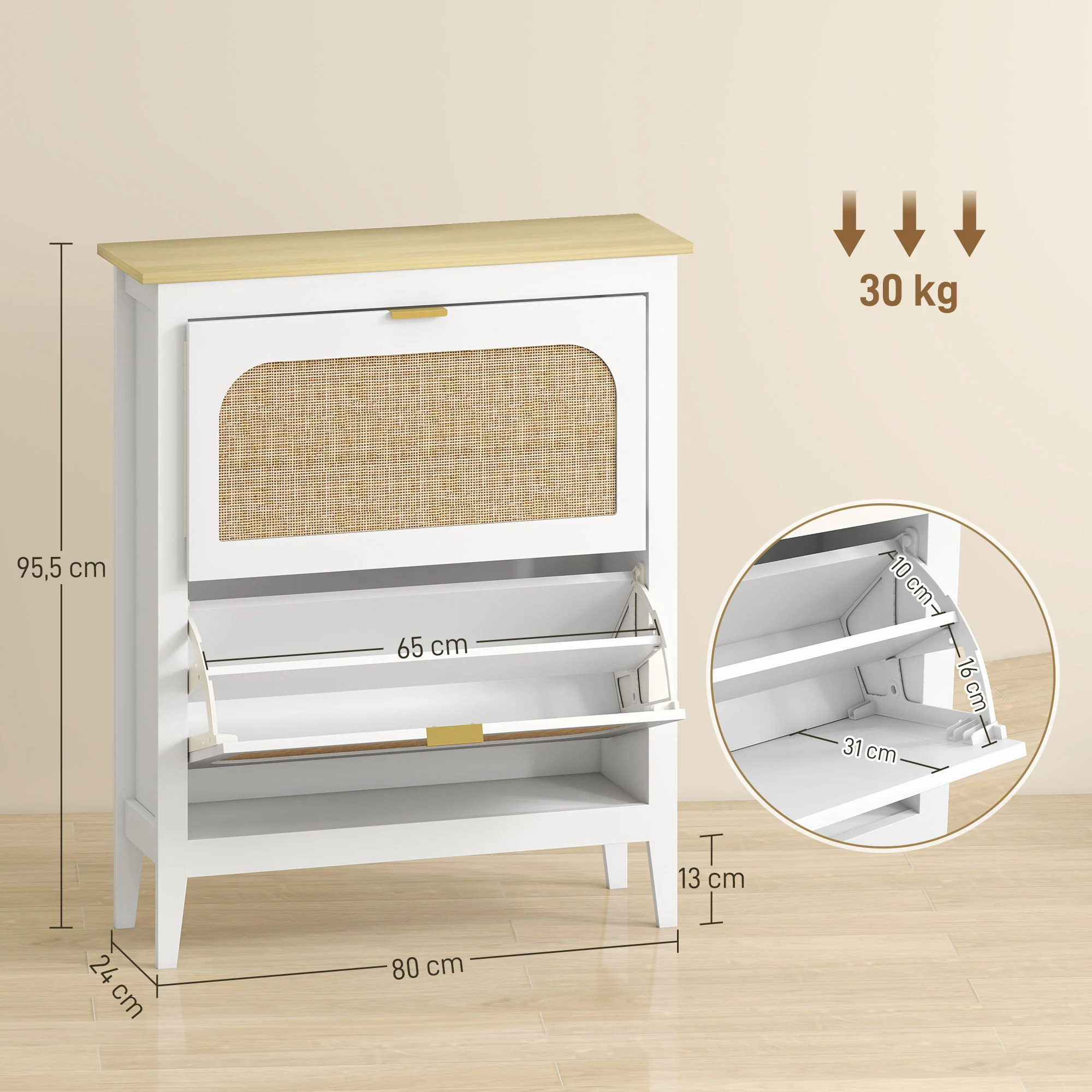 Meuble à chaussures 14 paires, armoire à chaussures étroite bohème avec 2 tiroirs rabattables, portes effet cannage rotin et étagères réglables, pour couloir et entrée, 80x24x95,5cm, blanc - Image 4
