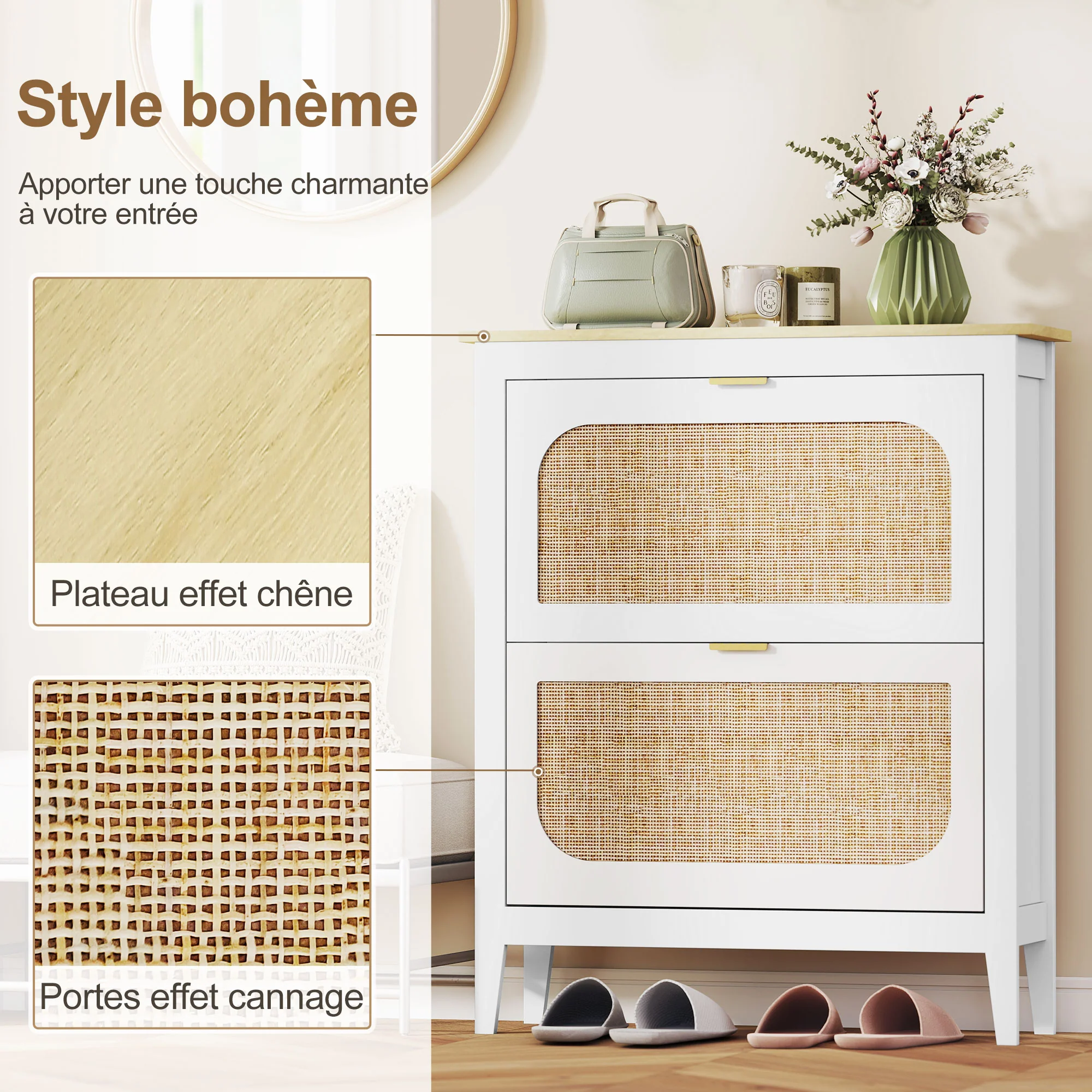 Meuble à chaussures 14 paires, armoire à chaussures étroite bohème avec 2 tiroirs rabattables, portes effet cannage rotin et étagères réglables, pour couloir et entrée, 80x24x95,5cm, blanc - Image 5