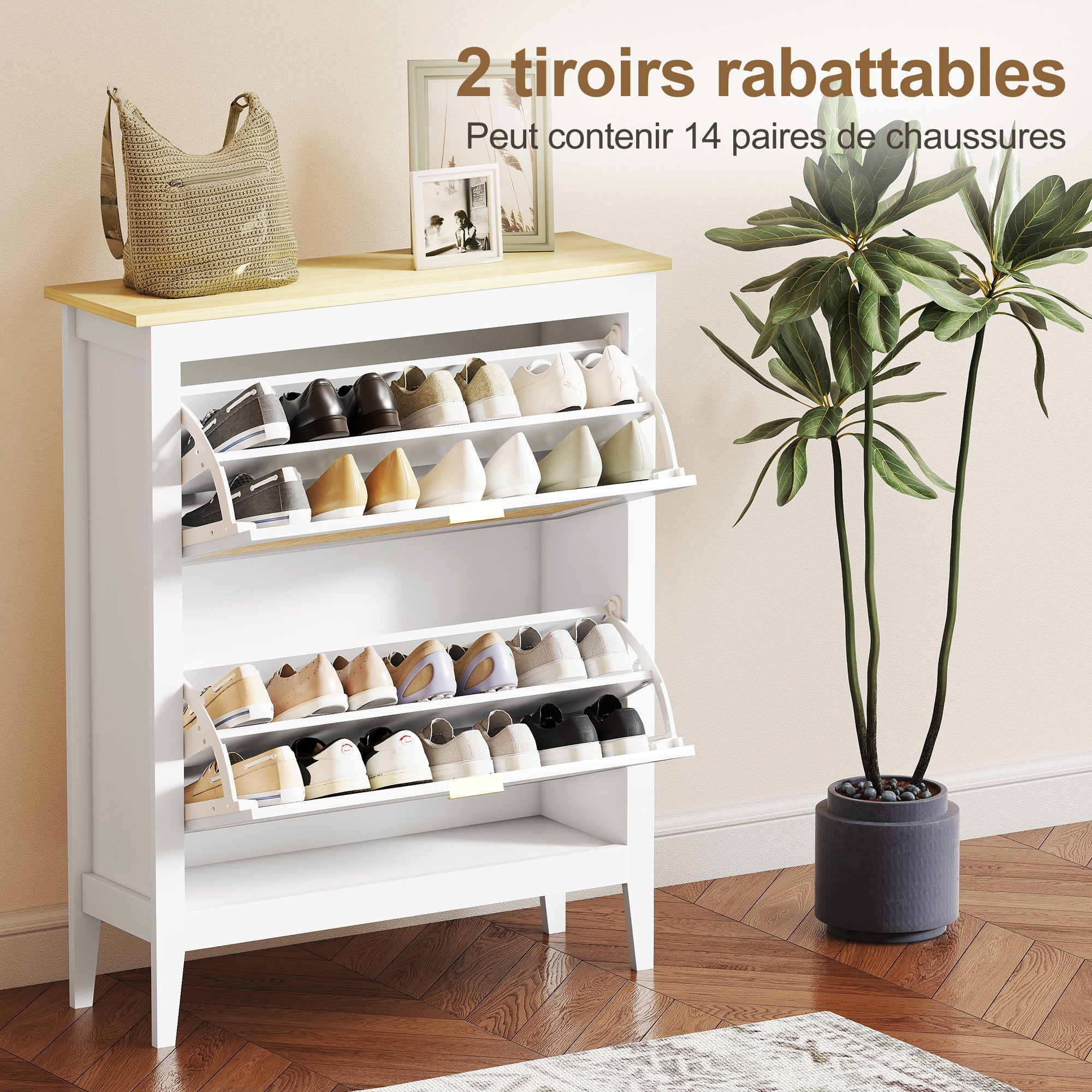 Meuble à chaussures 14 paires, armoire à chaussures étroite bohème avec 2 tiroirs rabattables, portes effet cannage rotin et étagères réglables, pour couloir et entrée, 80x24x95,5cm, blanc - Image 6