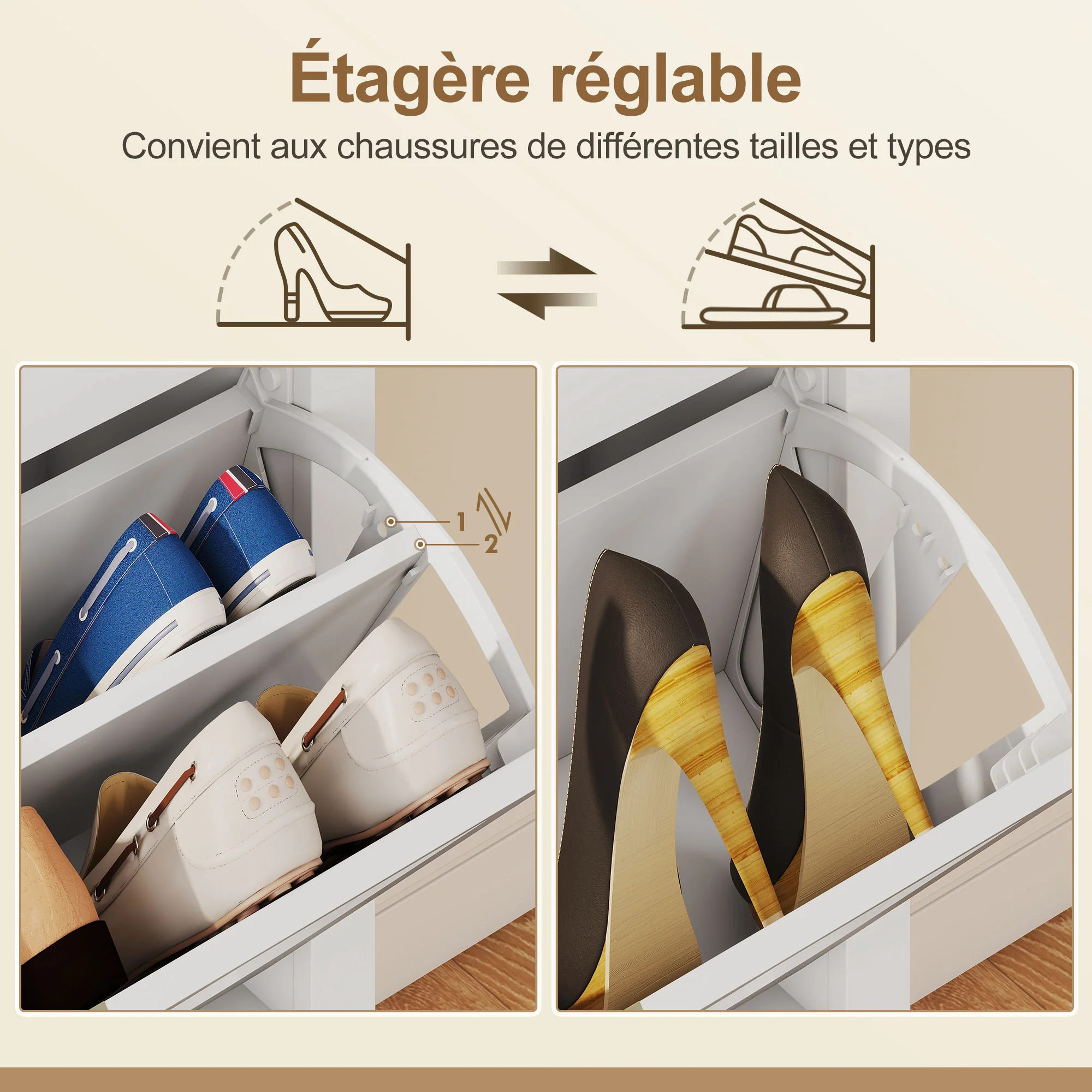 Meuble à chaussures 14 paires, armoire à chaussures étroite bohème avec 2 tiroirs rabattables, portes effet cannage rotin et étagères réglables, pour couloir et entrée, 80x24x95,5cm, blanc - Image 7