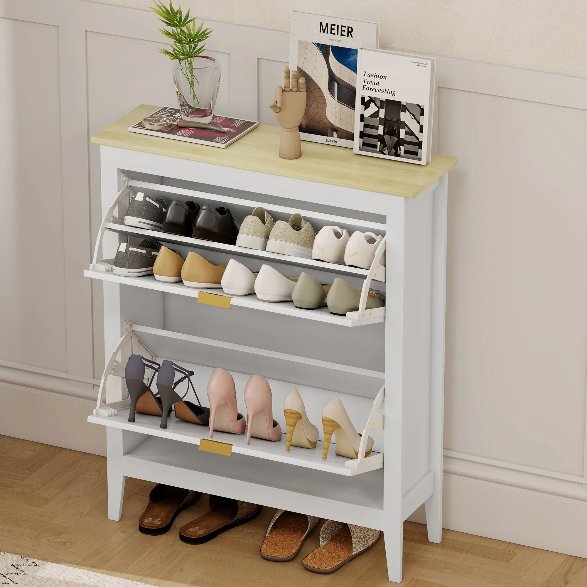 Meuble à chaussures 14 paires, armoire à chaussures étroite bohème avec 2 tiroirs rabattables, portes effet cannage rotin et étagères réglables, pour couloir et entrée, 80x24x95,5cm, blanc - Image 9
