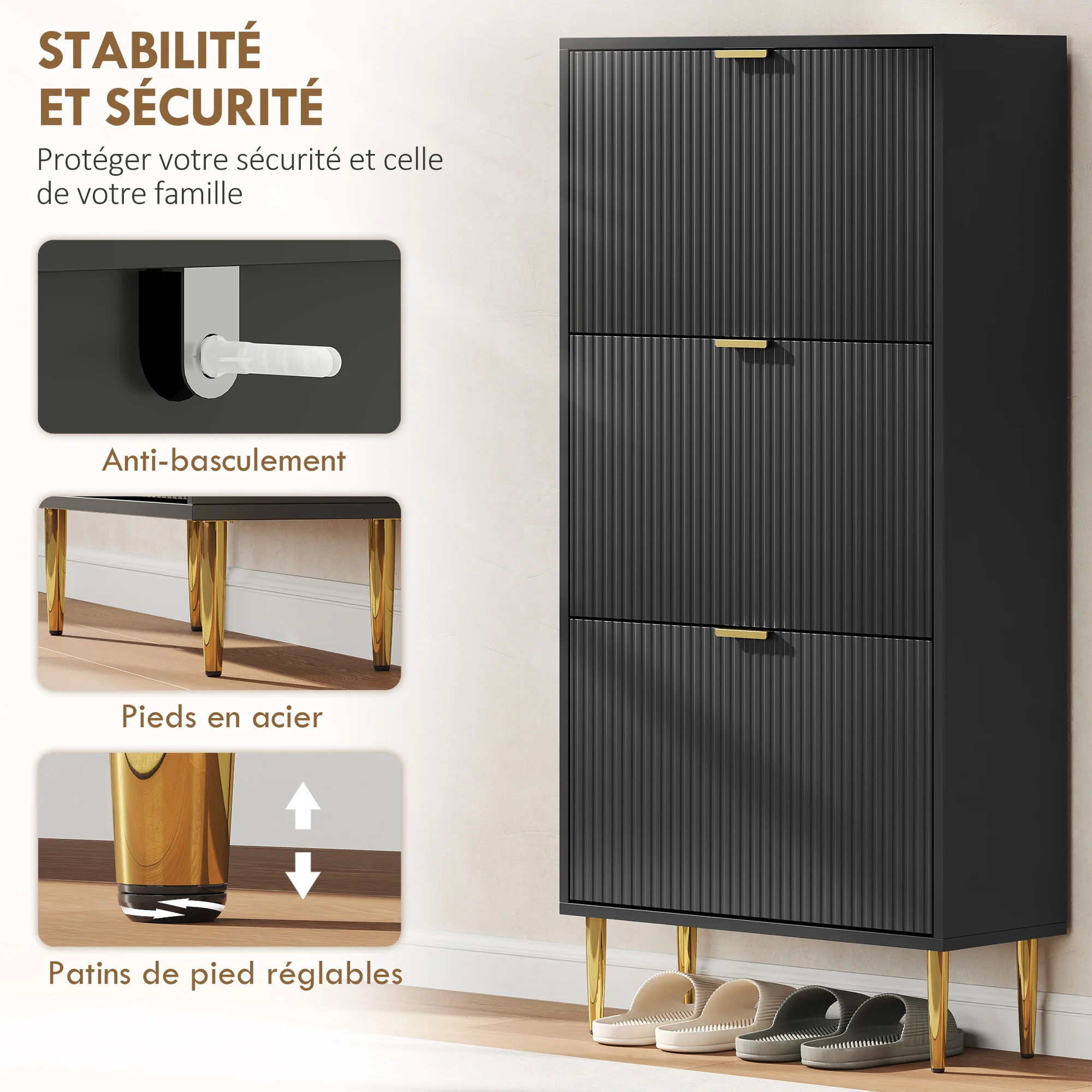 Meuble à chaussures 18 paires, armoire à chaussures étroite moderne avec 3 tiroirs rabattables, portes cannelées et étagères réglables, pour couloir et entrée, 60 x 24 x 122,5 cm, noir - Image 8